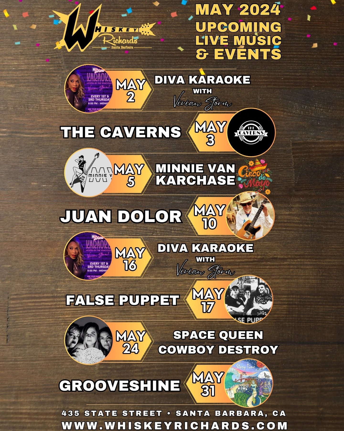 Updated May Calendar! 

May is bringing the best of what Whiskeys has to offer with a stellar live music line up!

May 2 - Diva Karaoke with Vivian Storm - 8 pm
May 3 - The Caverns - 9 pm
May 5 - Minnie Van Karchase - 3 pm
May 9 - Diva Karaoke with V