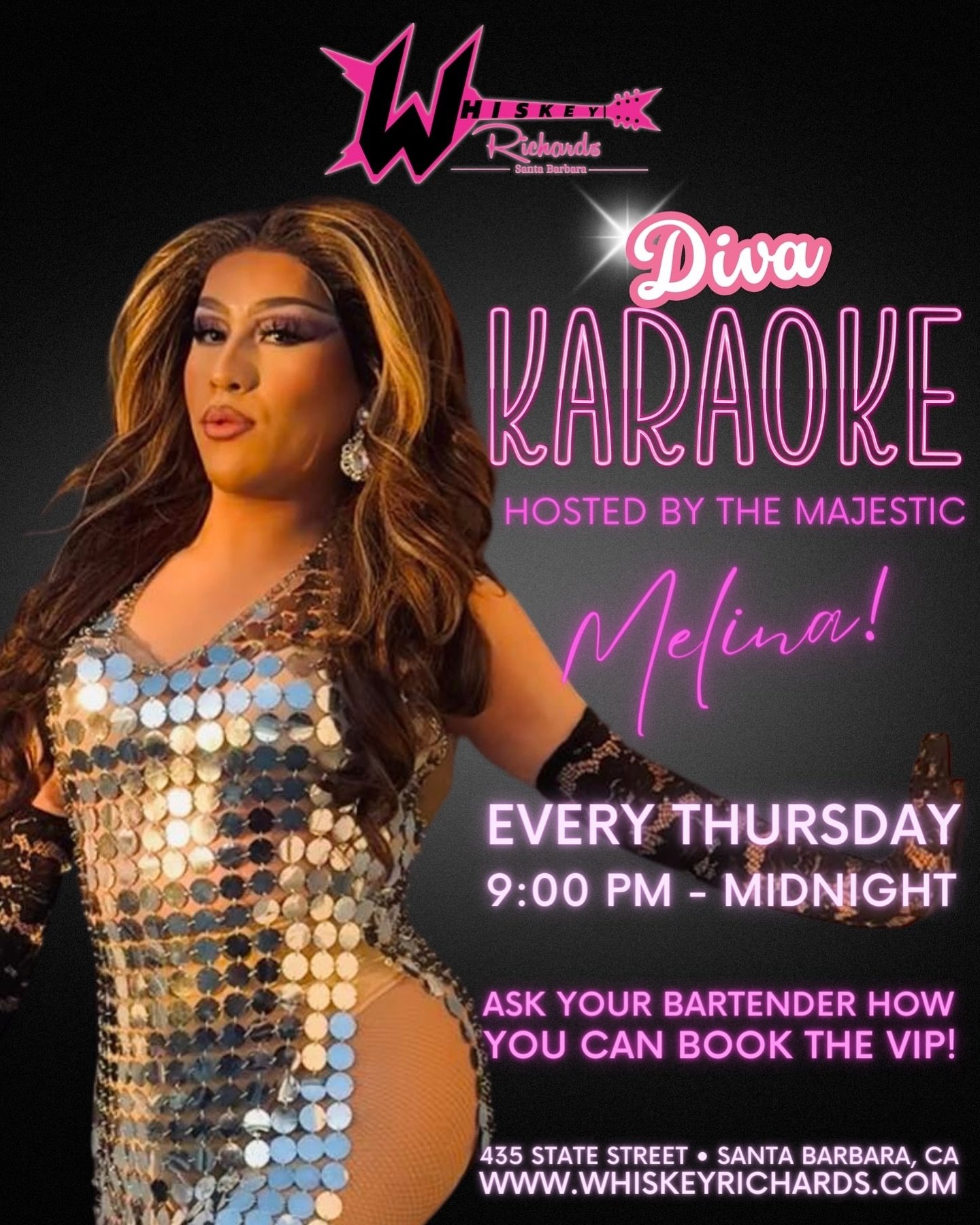 WhiskSHE Richards is at it again, so you know where you need to be! Diva Karaoke is TONIGHT at 9 pm! Get ready to unleash your inner diva at Diva Karaoke hosted this week by fabulous Melina Poinsettia! Join us at Whiskey Richards for a night of dazzl