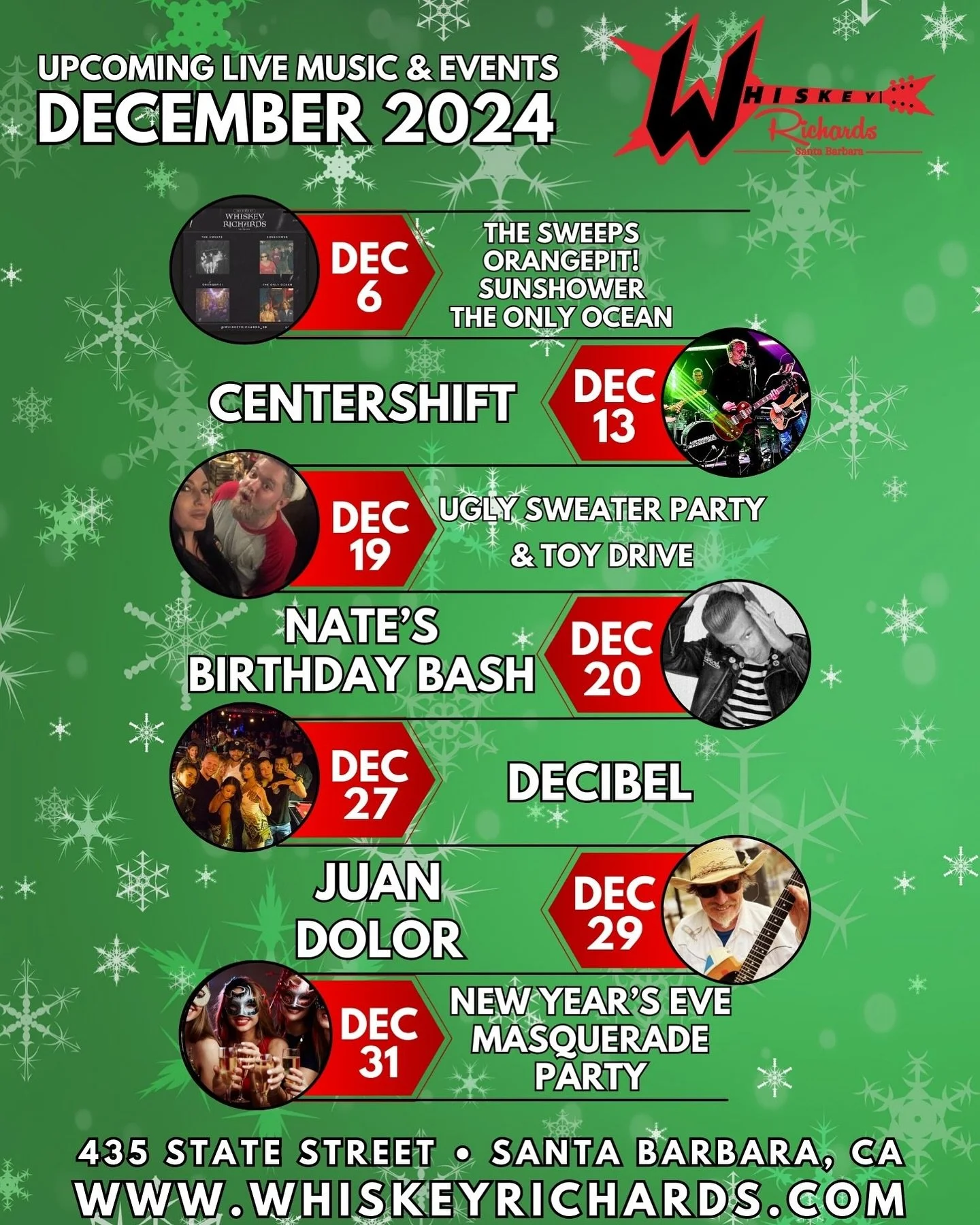 Let&rsquo;s make it a spirited December here at Whiskey Richards! This year celebrate the holidays with amazing live entertainment all month long!

December 6: THE SWEEPS, ORANGEPIT!, SUNSHOWER, THE ONLY OCEAN
December 13: CENTERSHIFT
December 19: UG