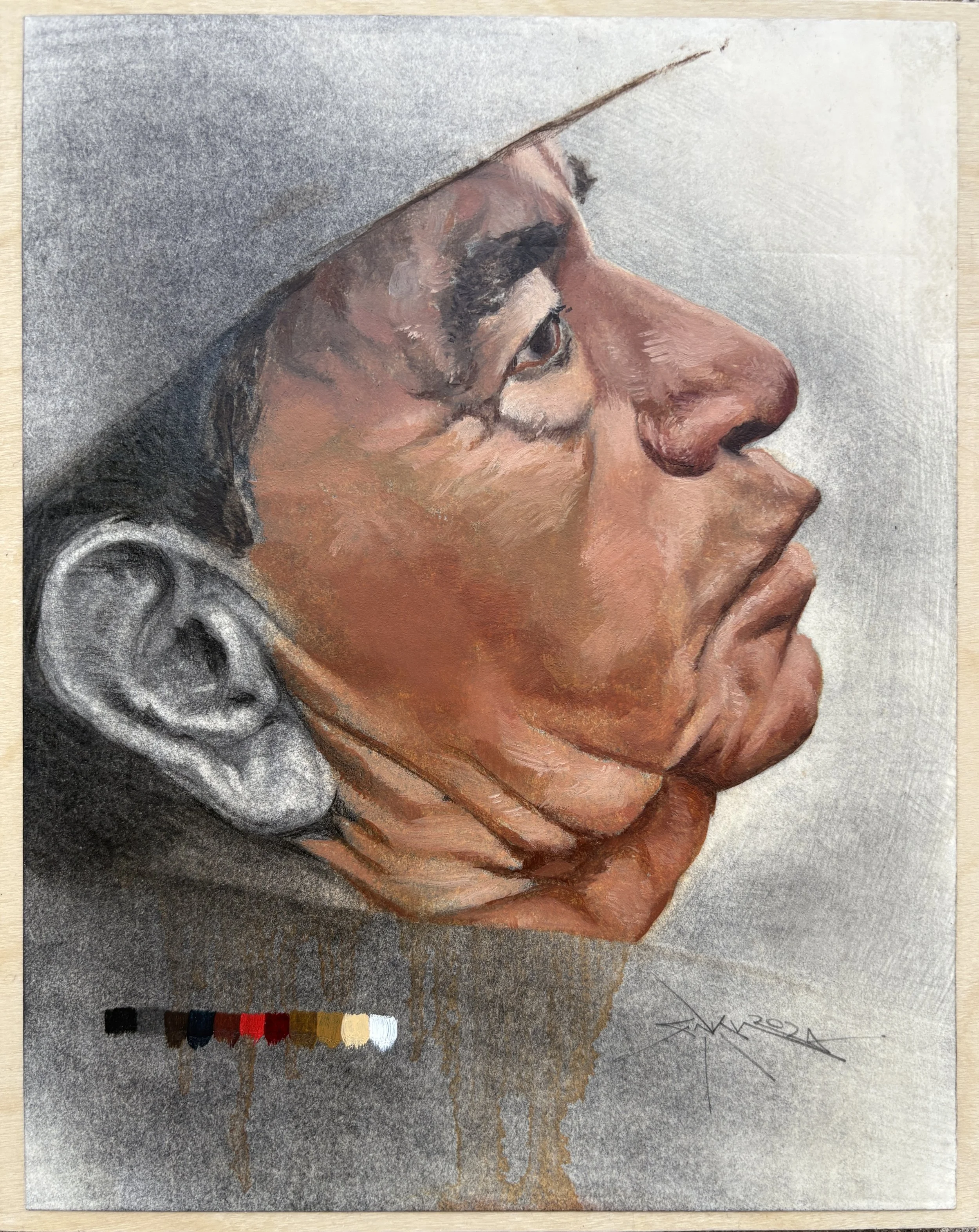 Señor Porfirio {Paperworks} (mixed media on paper mounted on panel, 8” x 10”), 2024