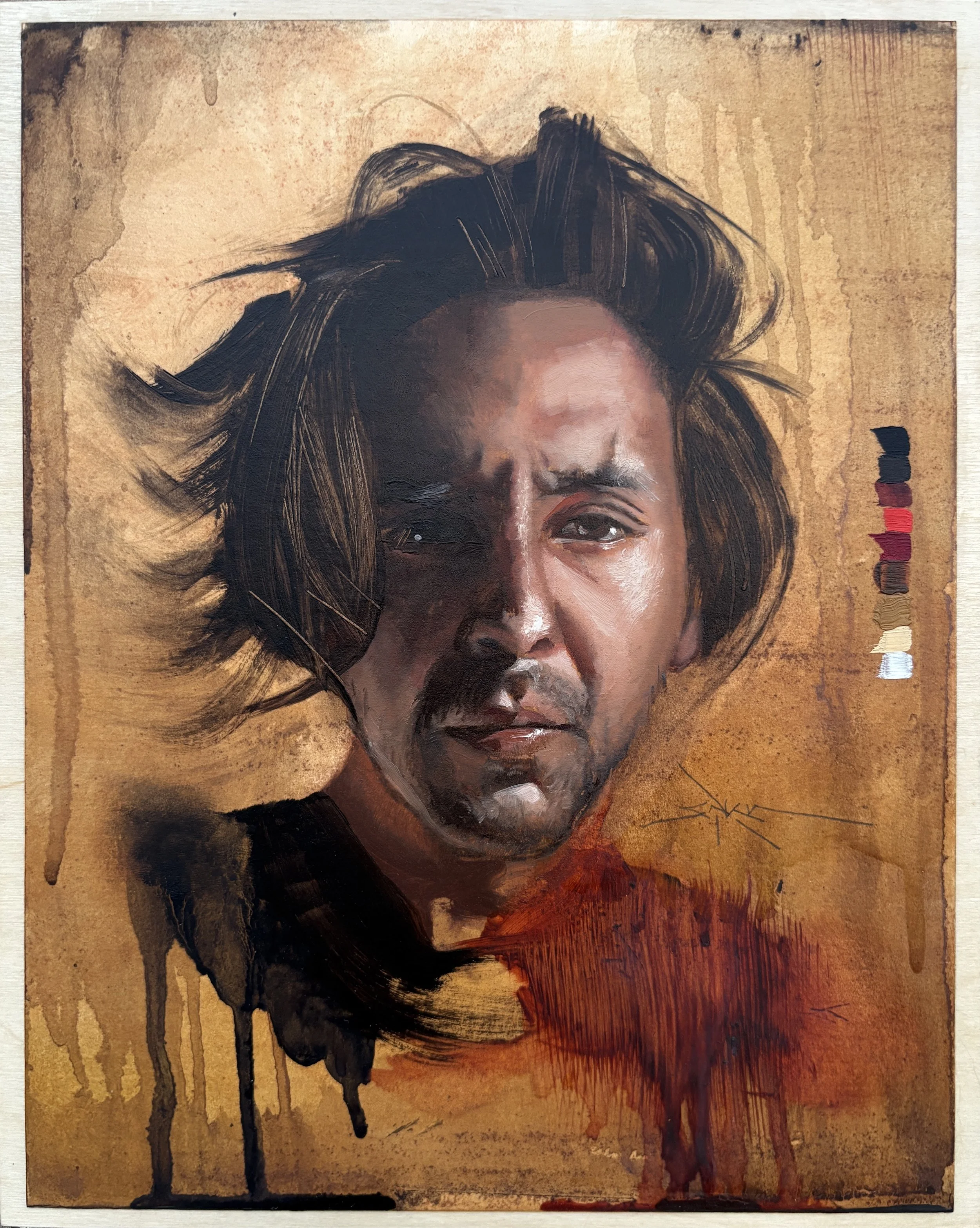 Autorretrato con rojo y negro {Paperworks} (oil on paper mounted on panel, 8” x 10”), 2025