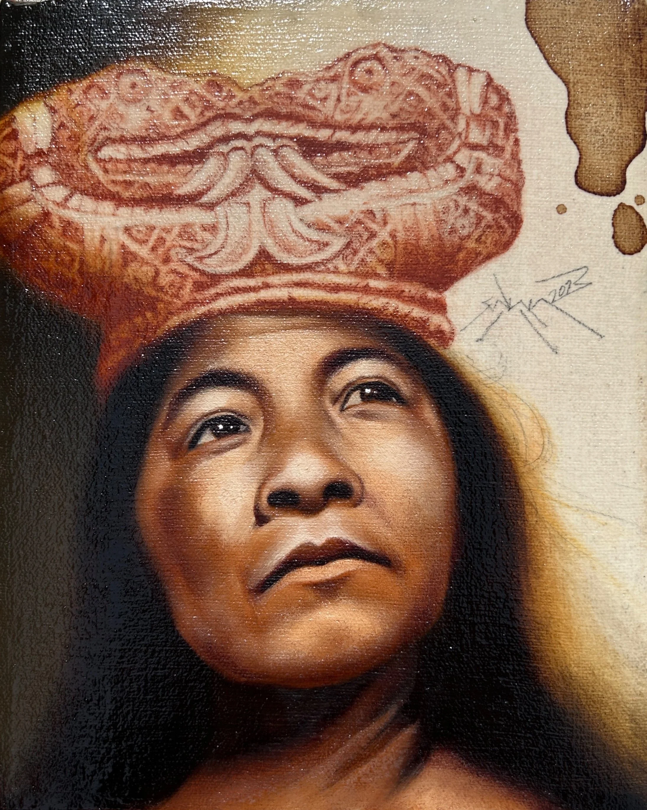 Coatlicue {Cantos de piedra} (mixed media on stained canvas, 8” x 10”), 2023