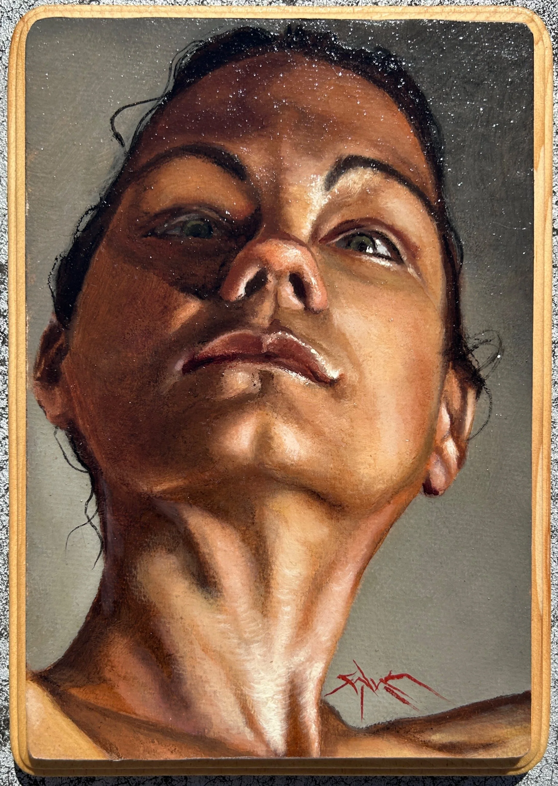 Irina {Paperworks} (oil on paper mounted on grooved panel, 6.75” x 9.5”), 2024