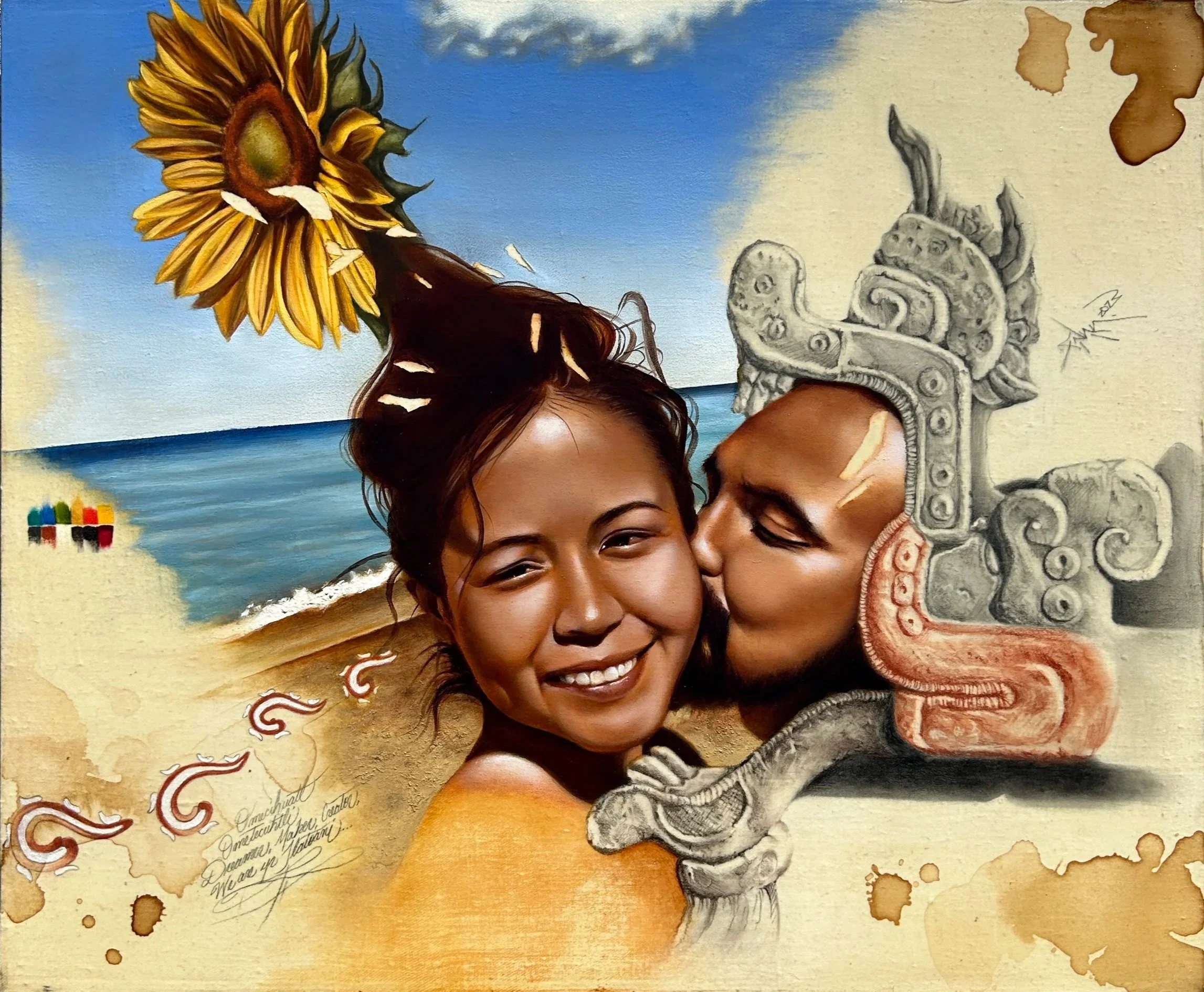 Tlatoani {Cantos de piedra} (mixed media on stained linen, 20” x 24”), private collection, 2023