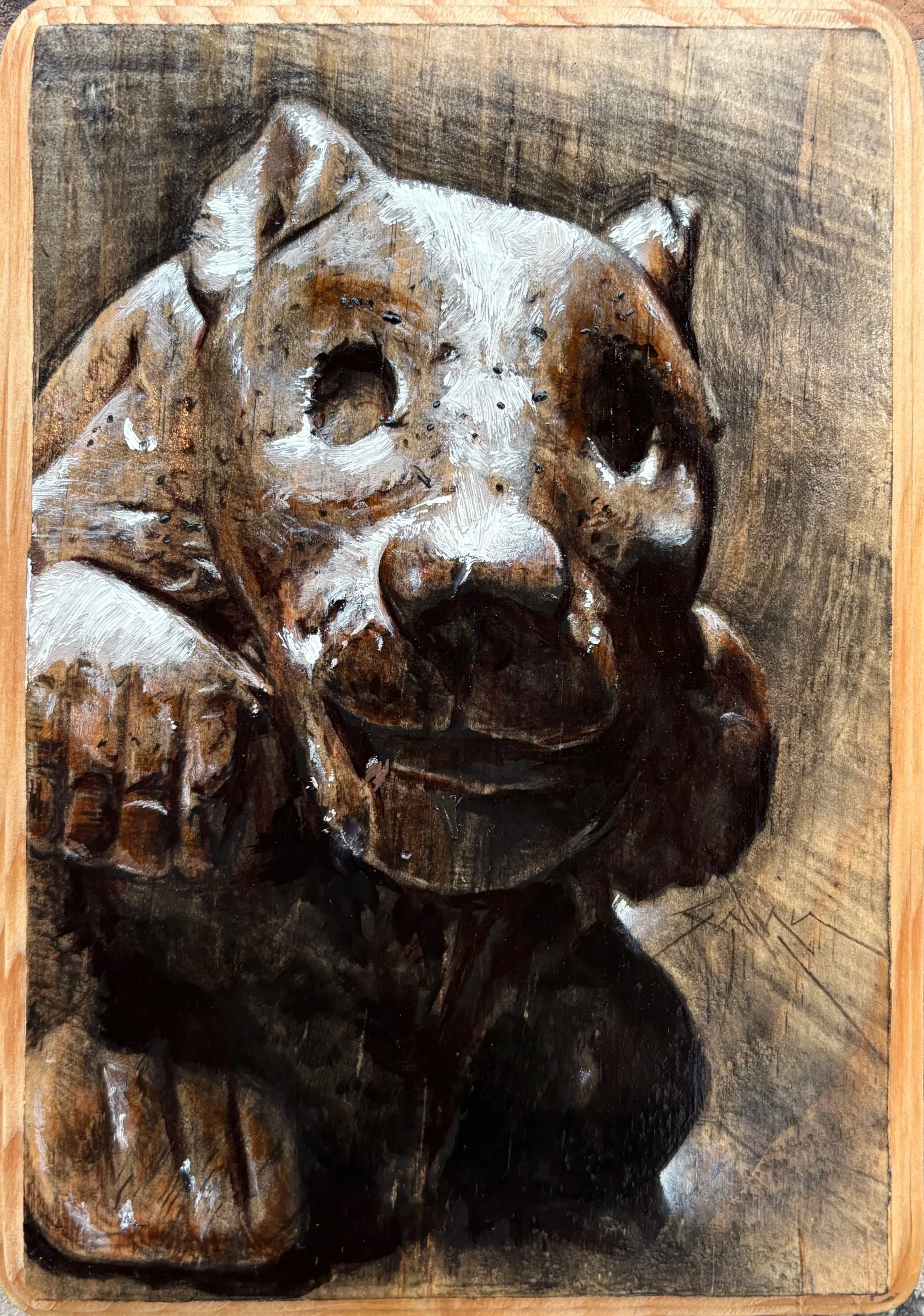 Balam {Woodworks} (mixed media on grooved panel, 6.75” x 9.5”), 2025