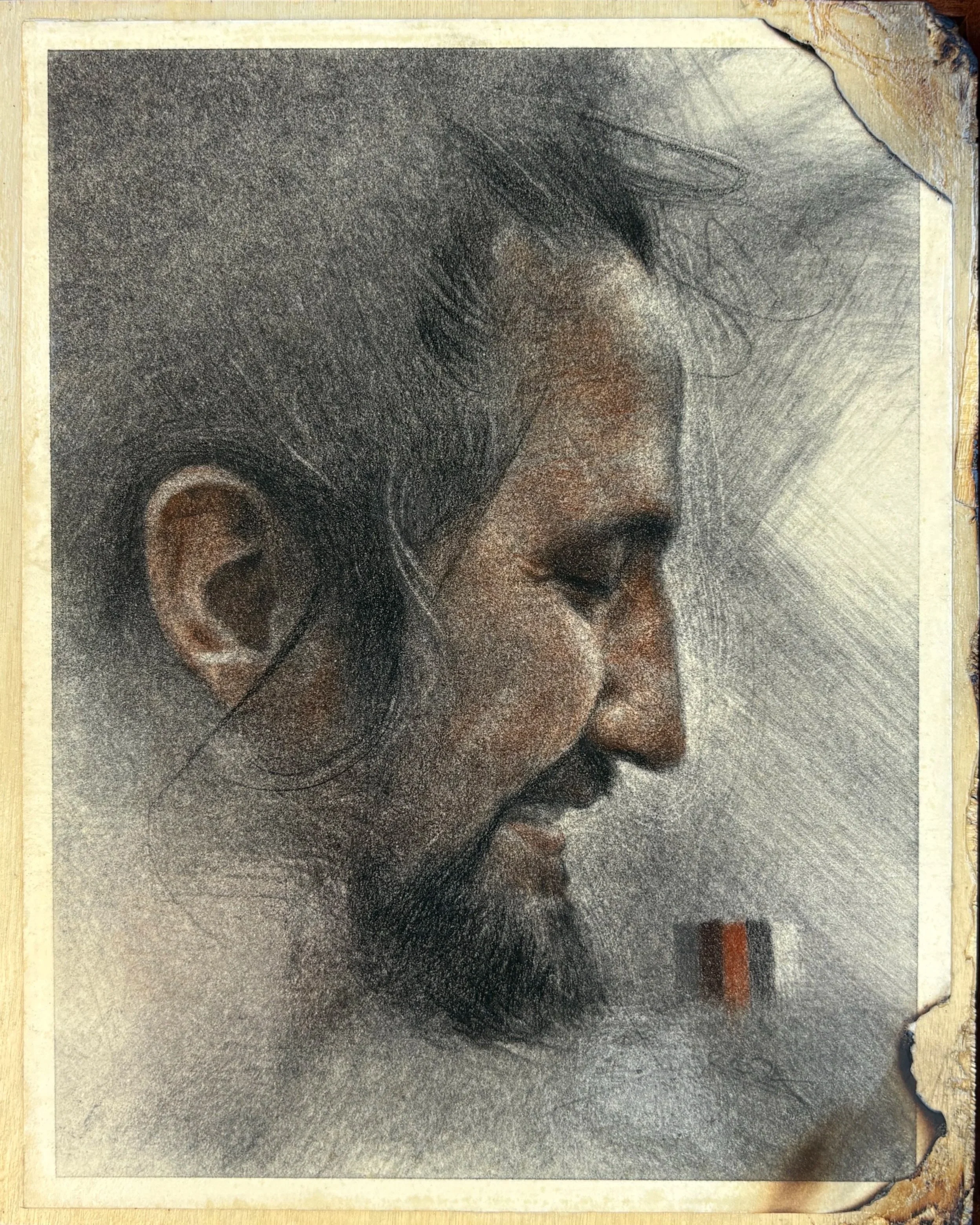 Self Portrait in Profile (mixed media on paper mounted on panel, flamed, 8” x 10”), 2024