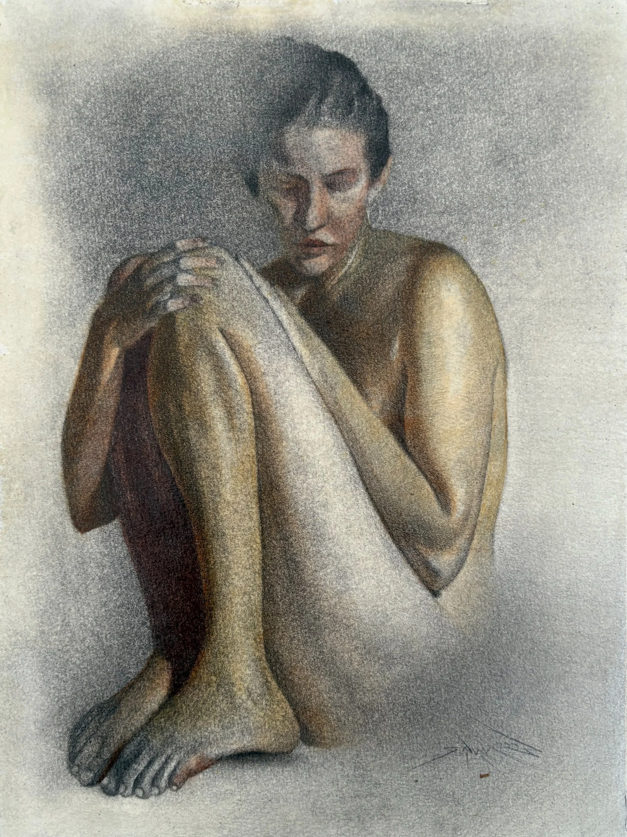 Cradled Woman {Paperworks} (mixed media on paper mounted on panel, 9” x 12”), 2023