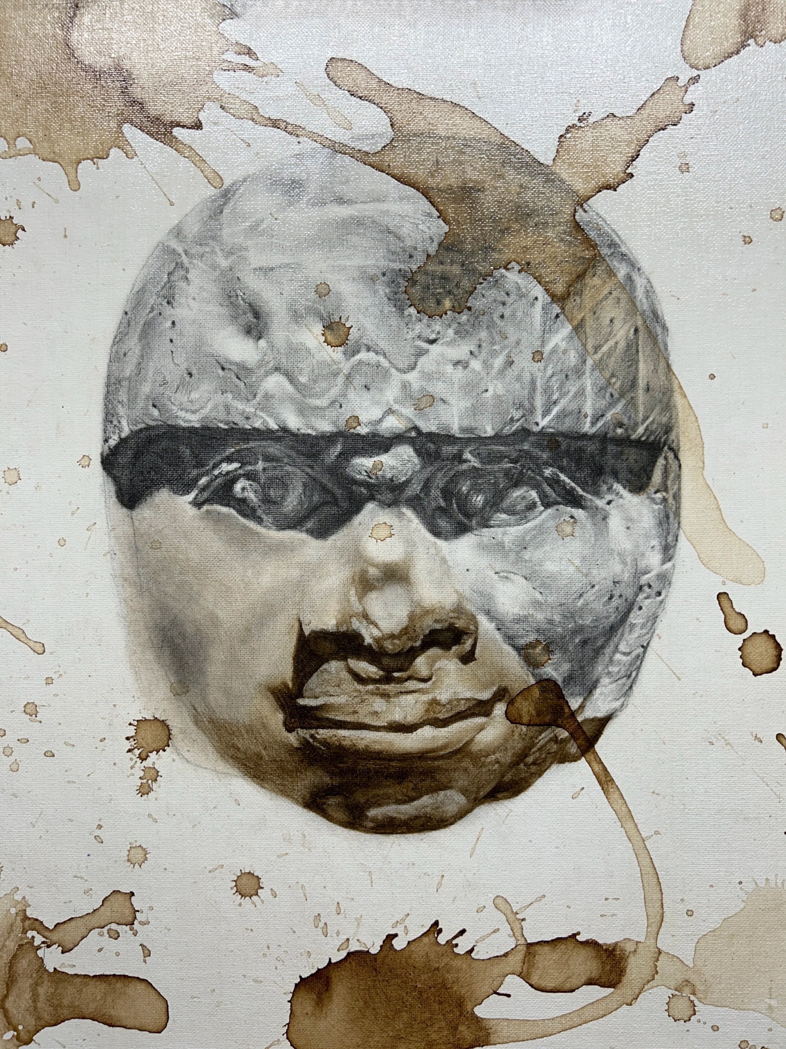 Olmec Head {Cantos de piedra} (mixed media on stained canvas mounted on board, 16” x 20”), private collection, 2024