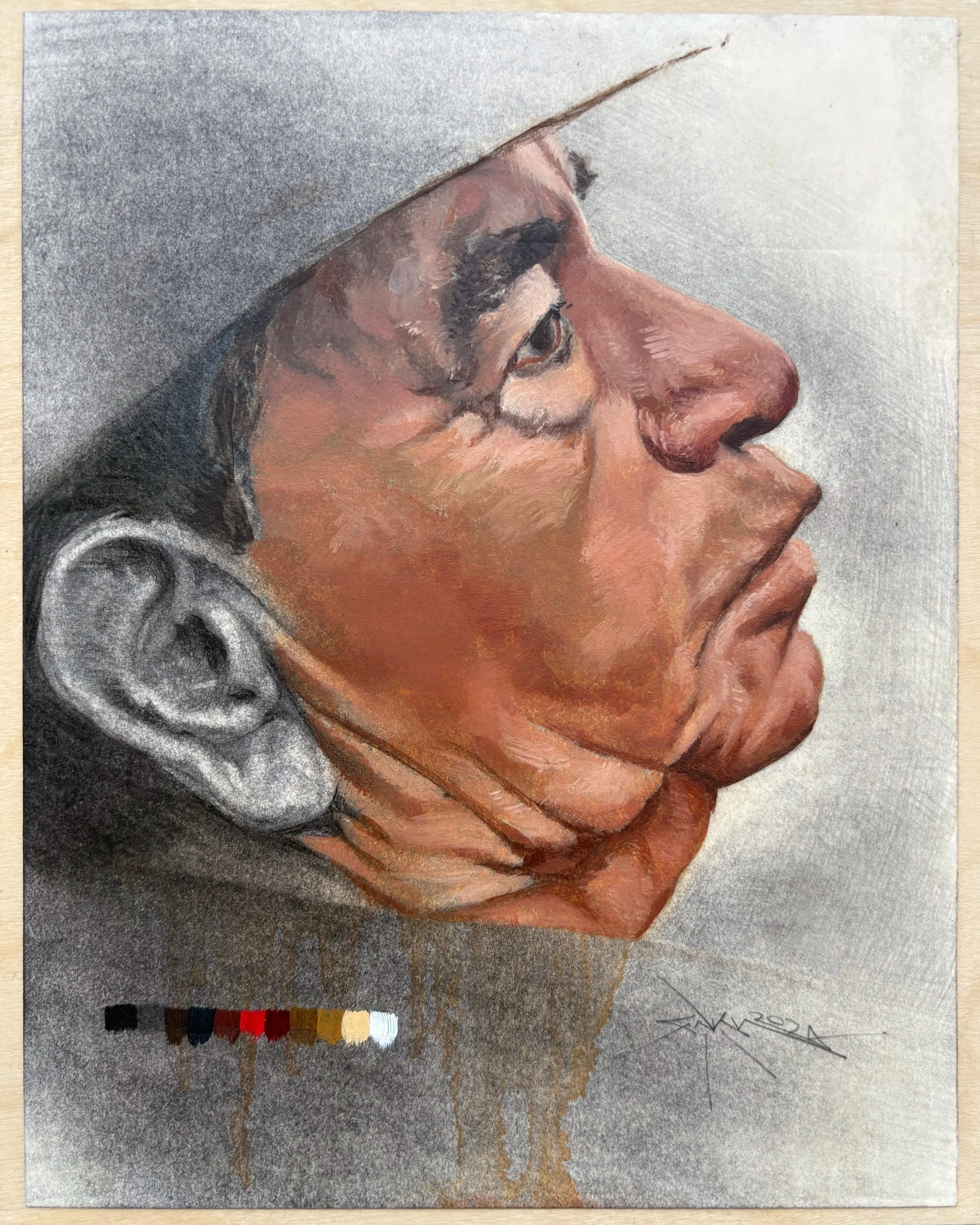 Señor Porfirio {Paperworks} (mixed media on paper mounted on panel, 8” x 10”), 2024