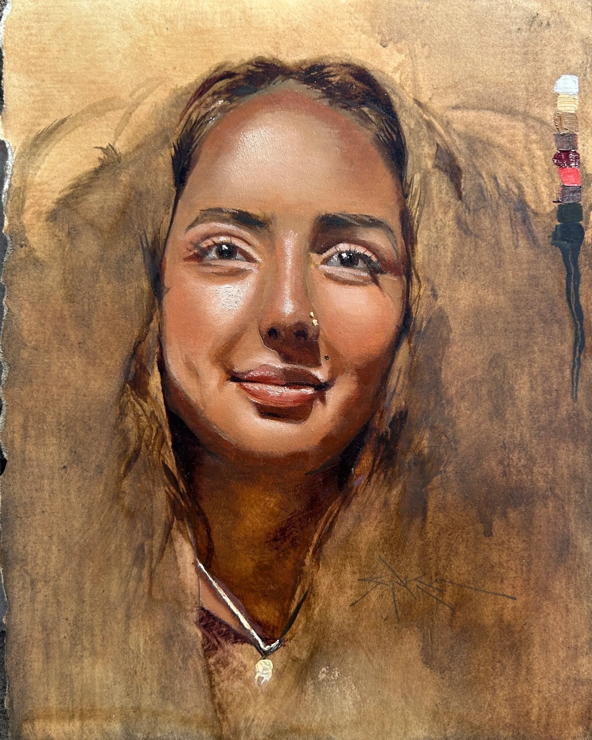 Mestiza {Paperworks} (oil on paper mounted on panel, 8” x 10”), 2025