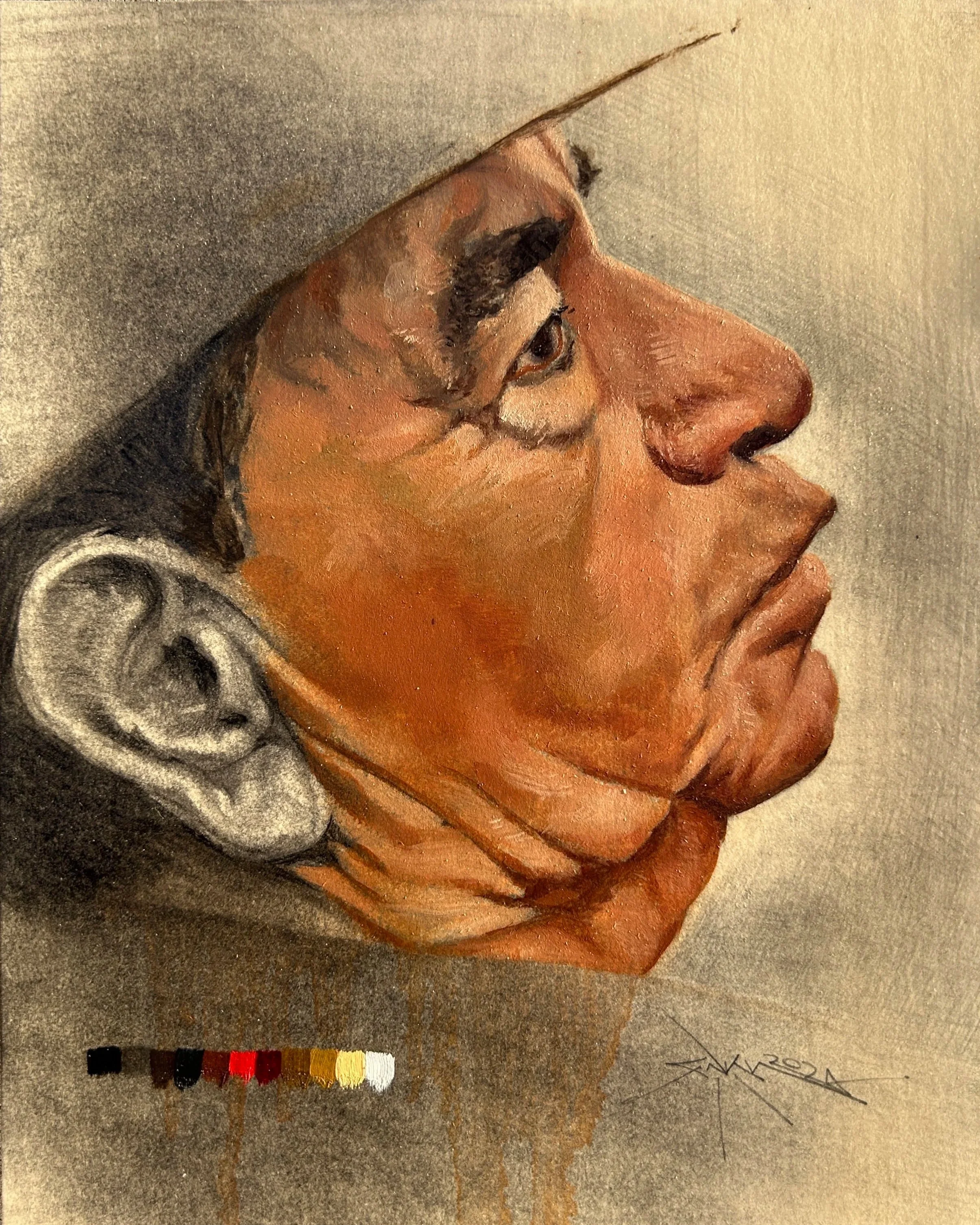 Señor Porfirio {Paperworks} (mixed media on paper mounted on panel, 8” x 10”), 2024