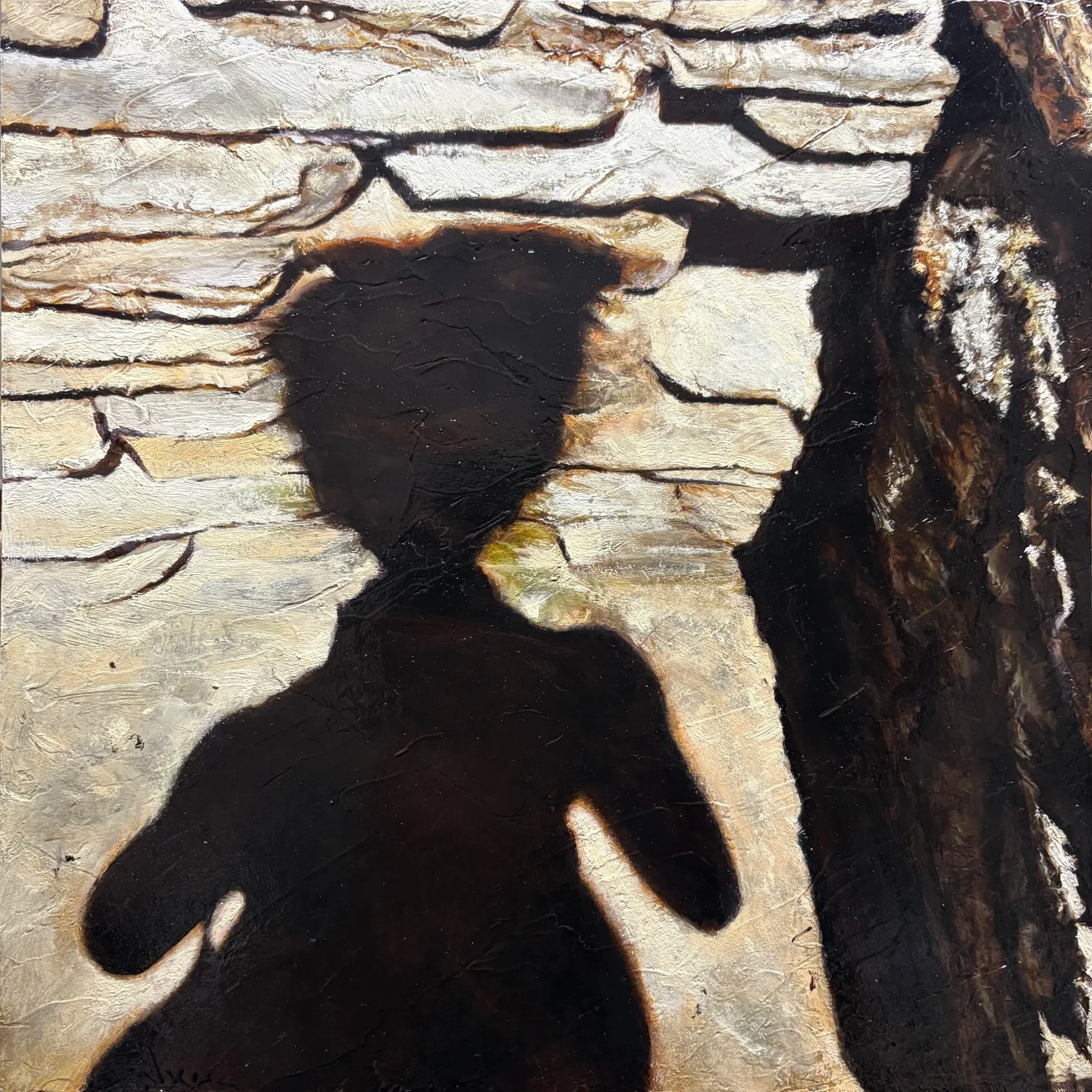 Sombreando en Toniná (oil on paper mounted on panel, 12” x 12”), 2025