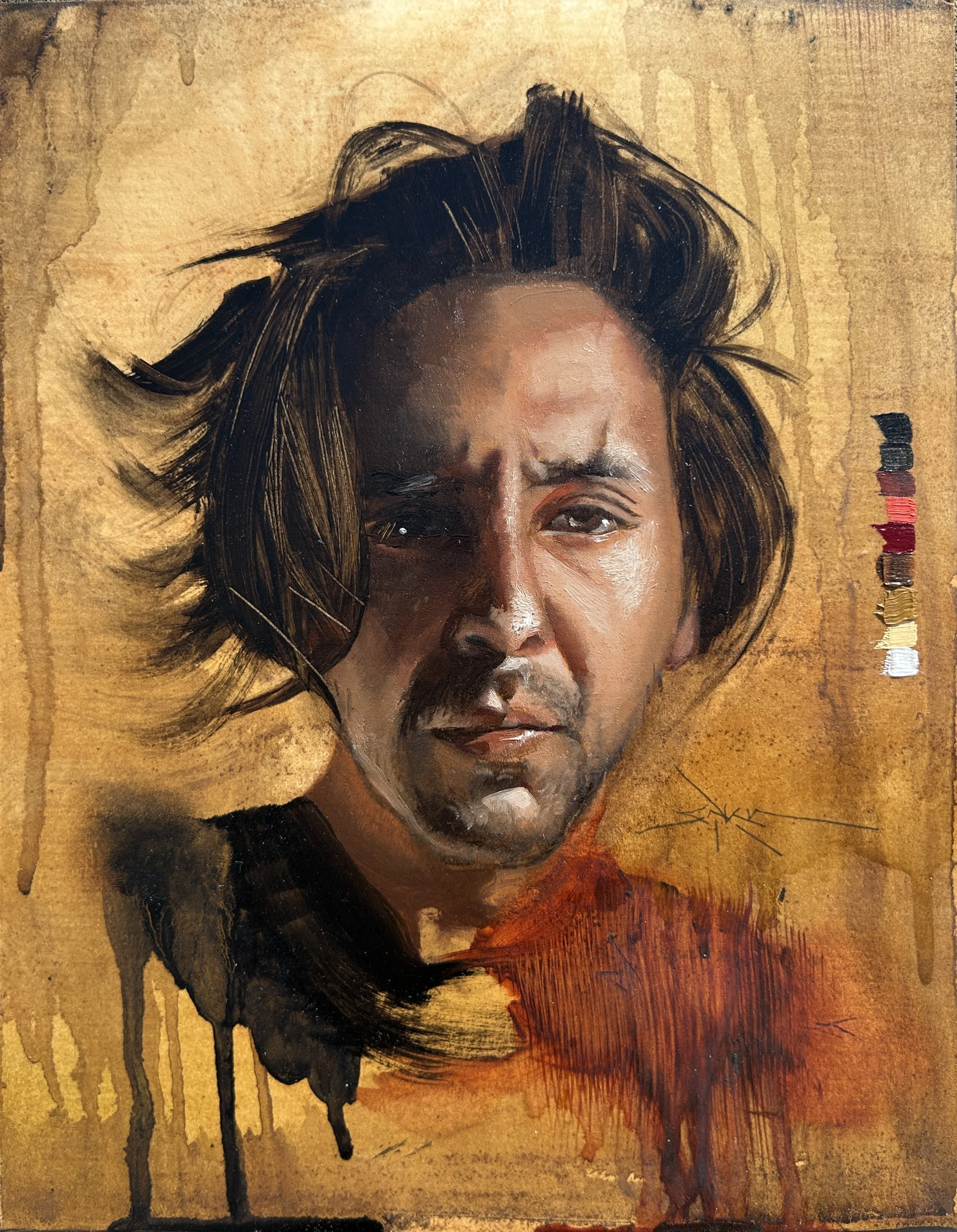 Autorretrato con rojo y negro {Paperworks} (oil on paper mounted on panel, 8” x 10”), 2025