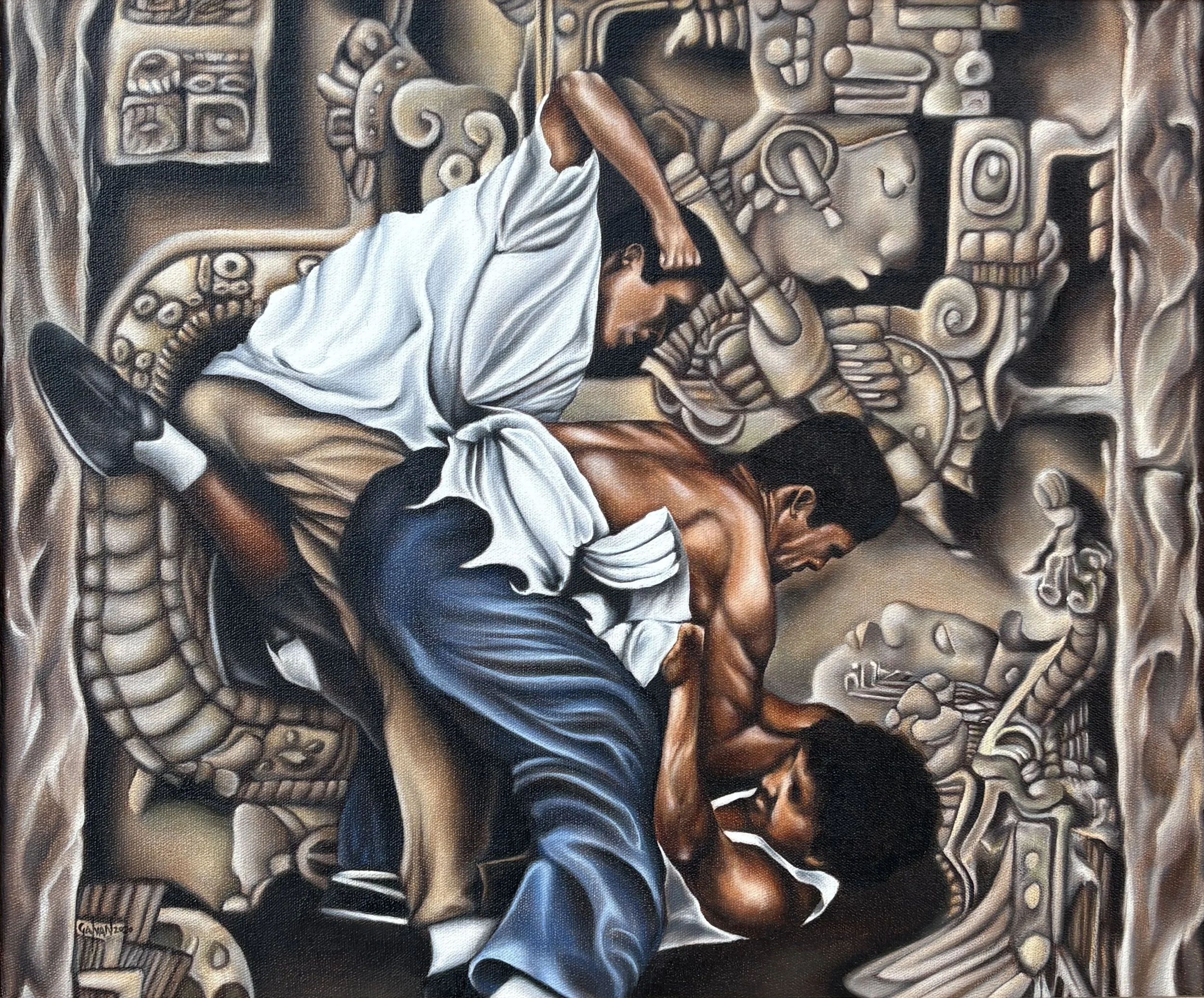 In teoaxochitl in tlachinolxochitl ik {Star Wars} (oil on canvas, 24” x 30”), 2020