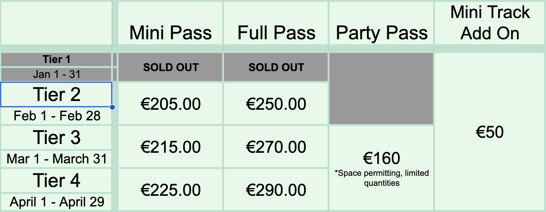tabled format of pricing