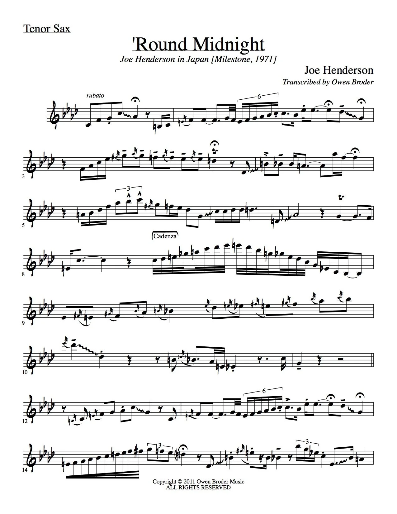 Round Midnight (Henderson) - Tenor Sax — Owen Broder