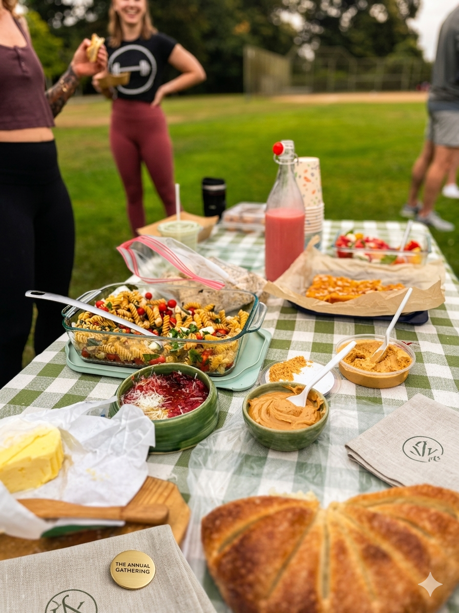 Community picnic with shared food after outdoor yoga event in Portland