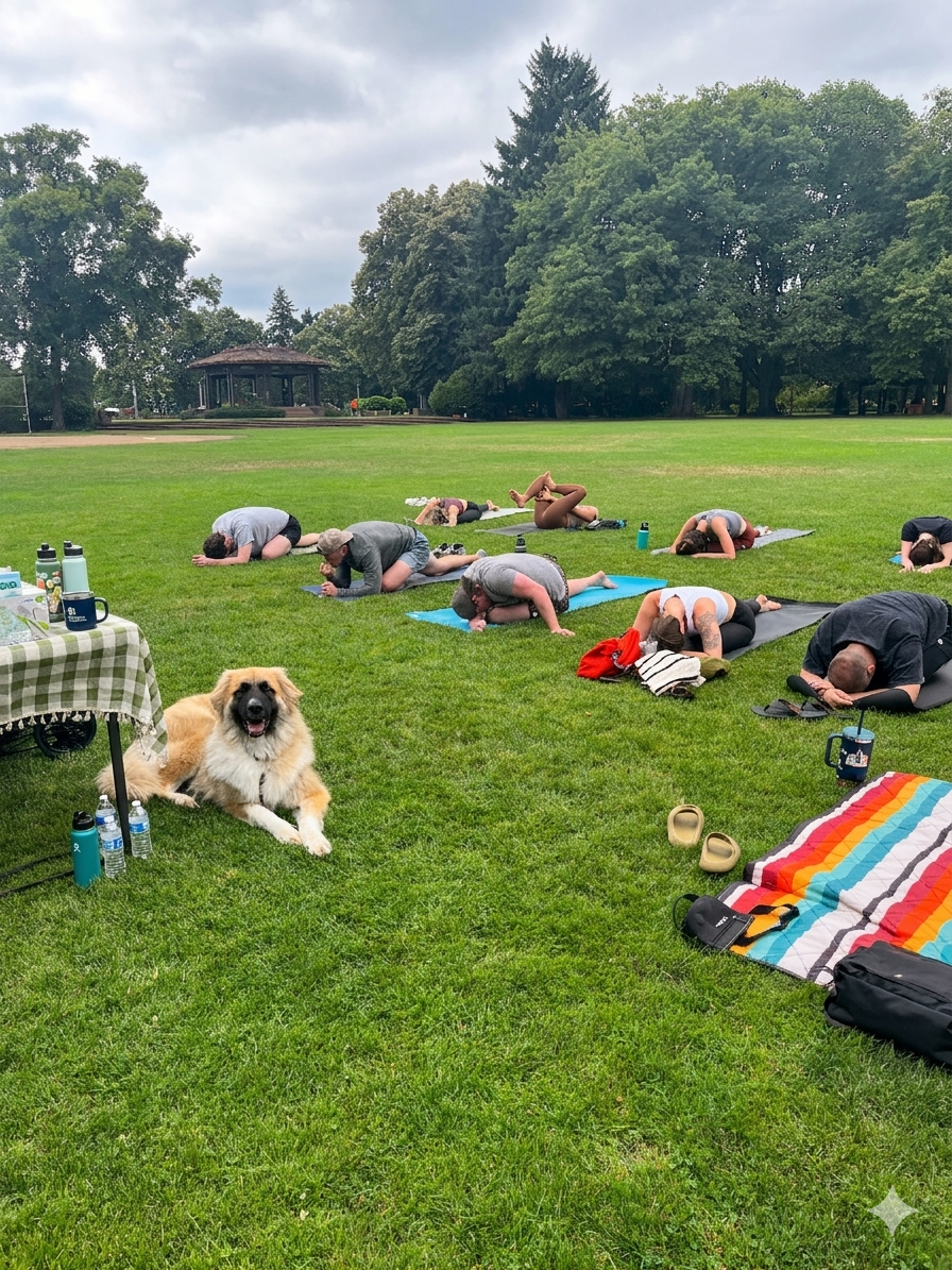 Participants engaging in community yoga class with live music in Portland