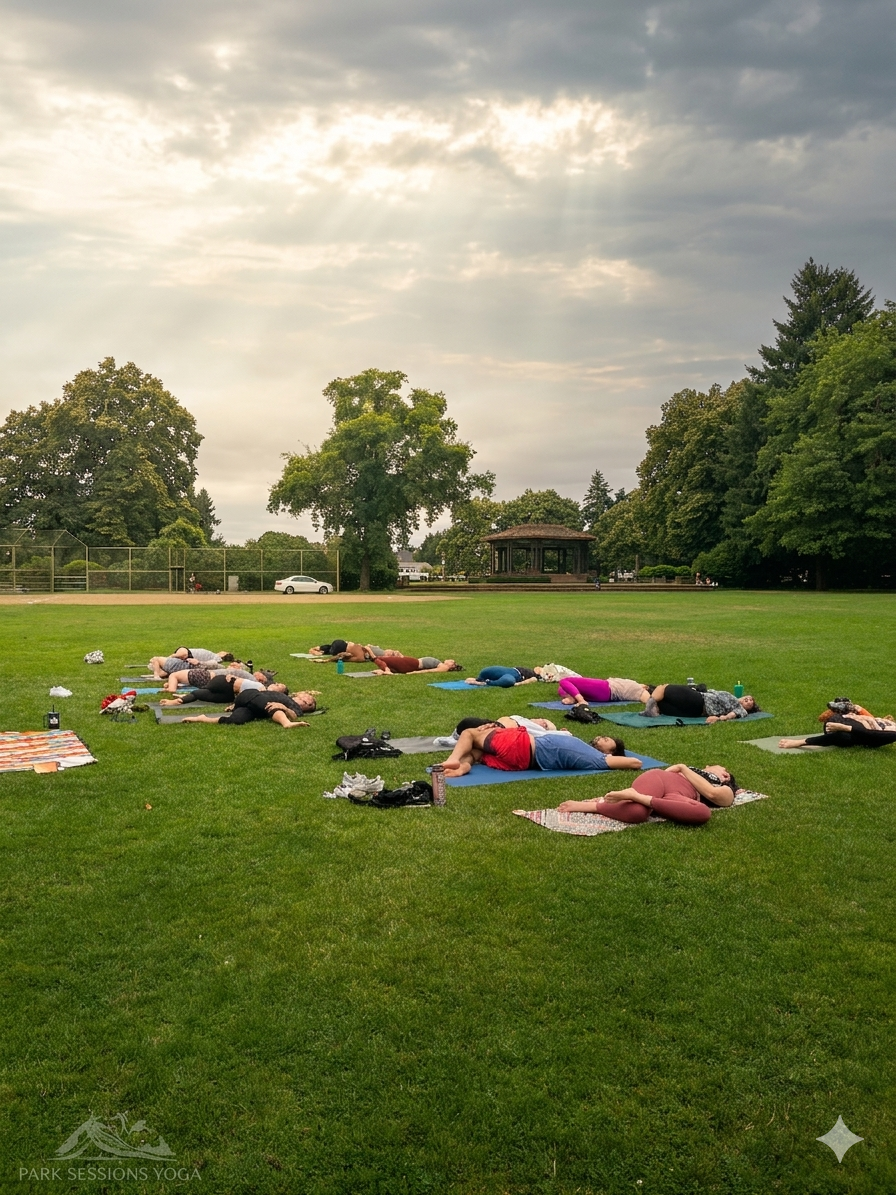 Friends and neighbors gathering for an all-levels outdoor yoga flow at a park picnic during the summer yoga picnicseries