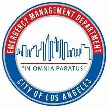 Logo of the Los Angeles Emergency Management Department featuring a cityscape and the Latin motto 'In Omnia Paratus'.