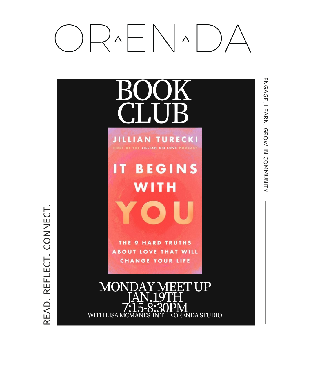 ORENDA Women’s Monday Meet Up Book Club//Jan. 19th 2025 7:15-8:30pm.               IT BEGINS WITH YOU - Jillian Turecki