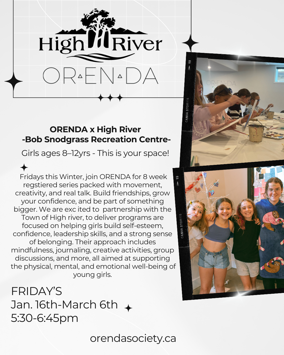 High River x ORENDA Girls ages 8-13 Fridays Jan 16, 2026 - Mar 6, 2026         5:30-6:45pm