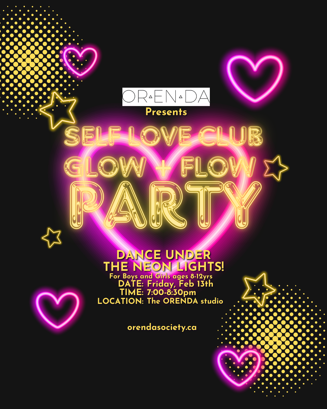 SELF LOVE CLUB PRESENTS : GLOW + FLOW Valentines Dance Party. MOVEMENT &amp; MUSIC FRIDAY Feb 13th 2026 7:00-8:30PM Ages 8-13