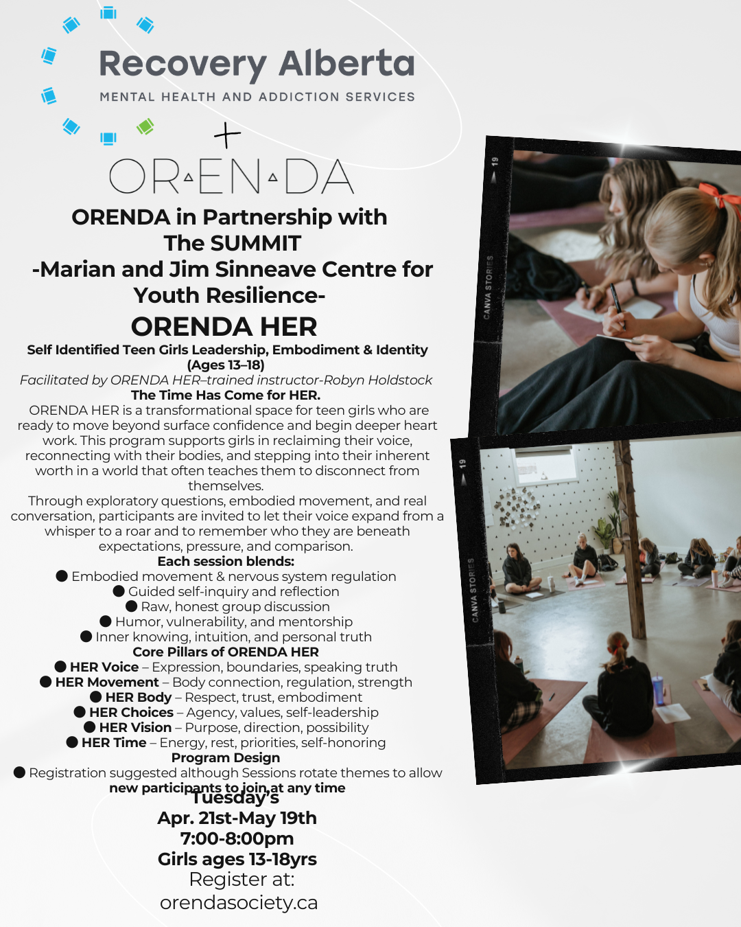 The Summit + ORENDA HER ages 13-17 Tuesday's Apr. 21st-May 19th. 7:00-8:00pm 