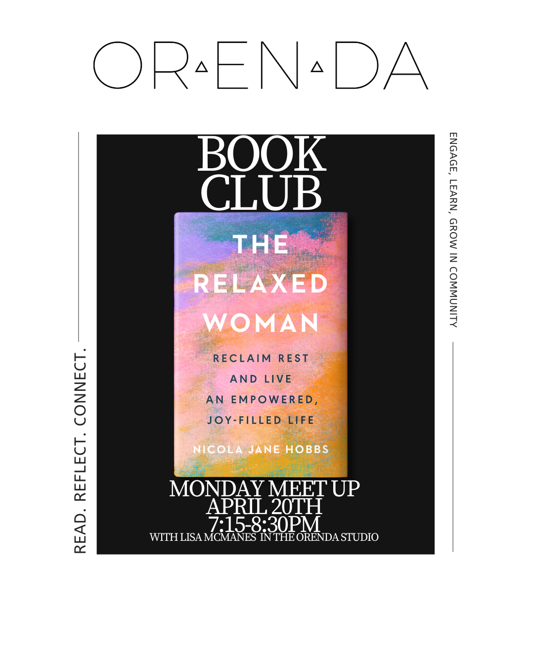 ORENDA Women’s Monday Book Club//. April 20th 2026 7:15-8:30pm.                         THE RELAXED WOMAN -Nicola Jane Hobbs