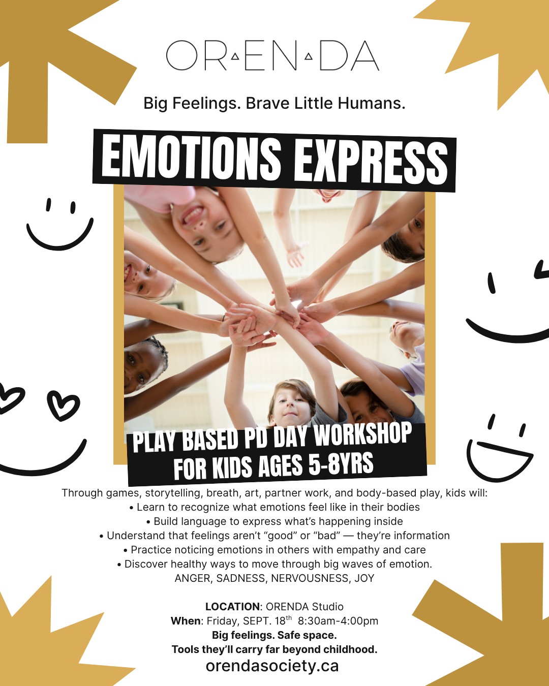 EMOTIONS EXPRESS PD-Day Workshop   Kids Ages 5-8 Friday Sept 18th 8:30-4pm