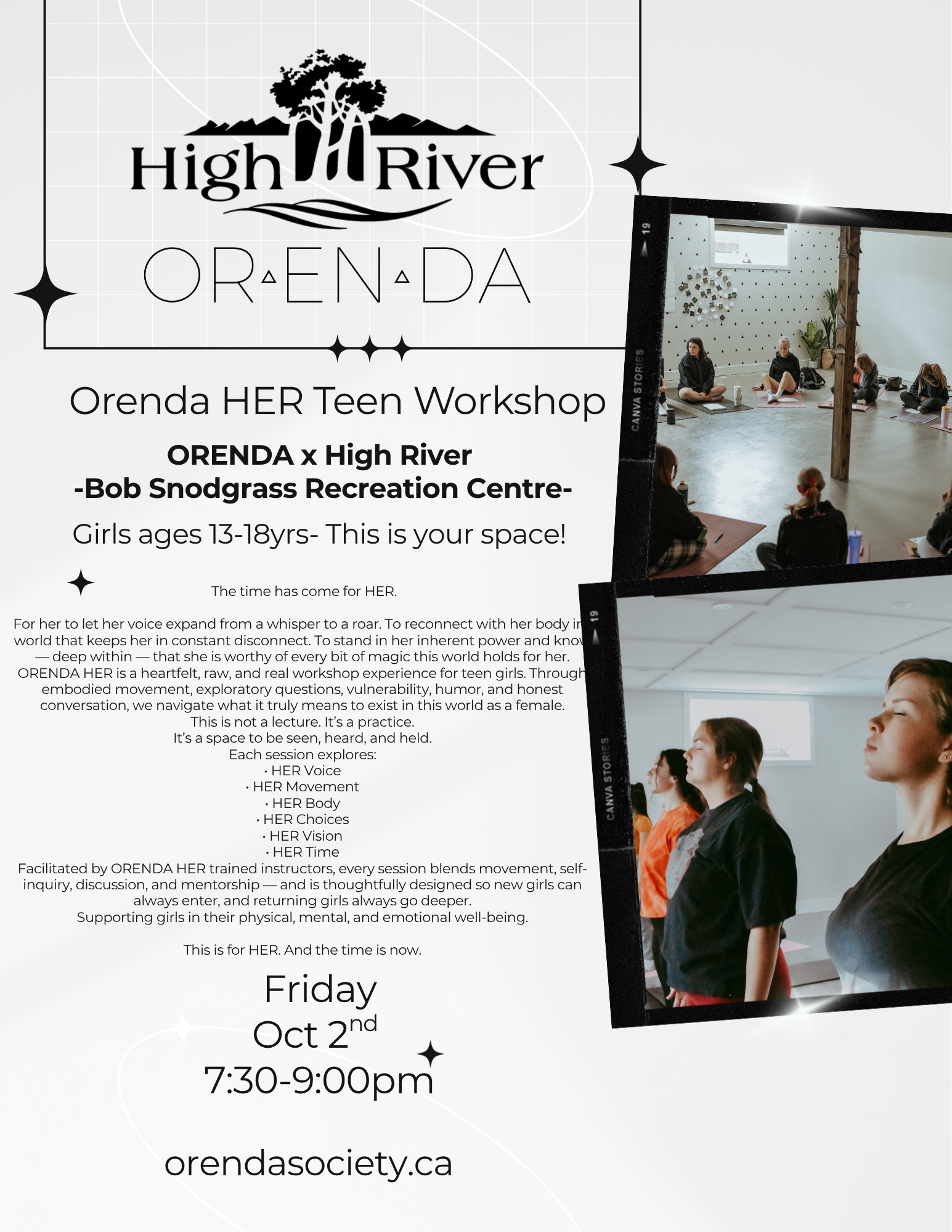 ORENDA Her x High River Teen Workshop Friday Oct 2nd 2026 7:30-9:00PM.          Ages 14-17