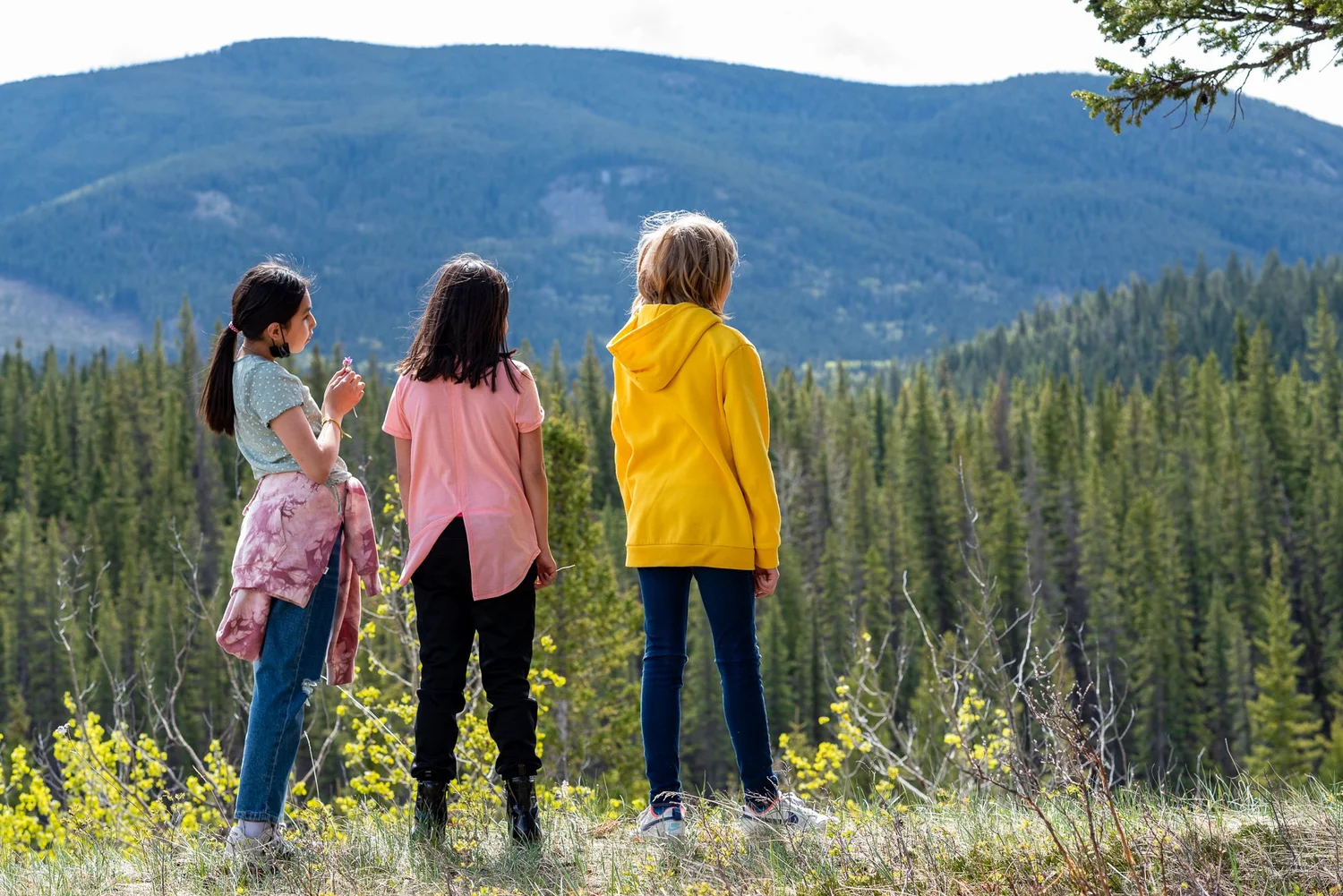 Three young girls standing together looking out at the mountains