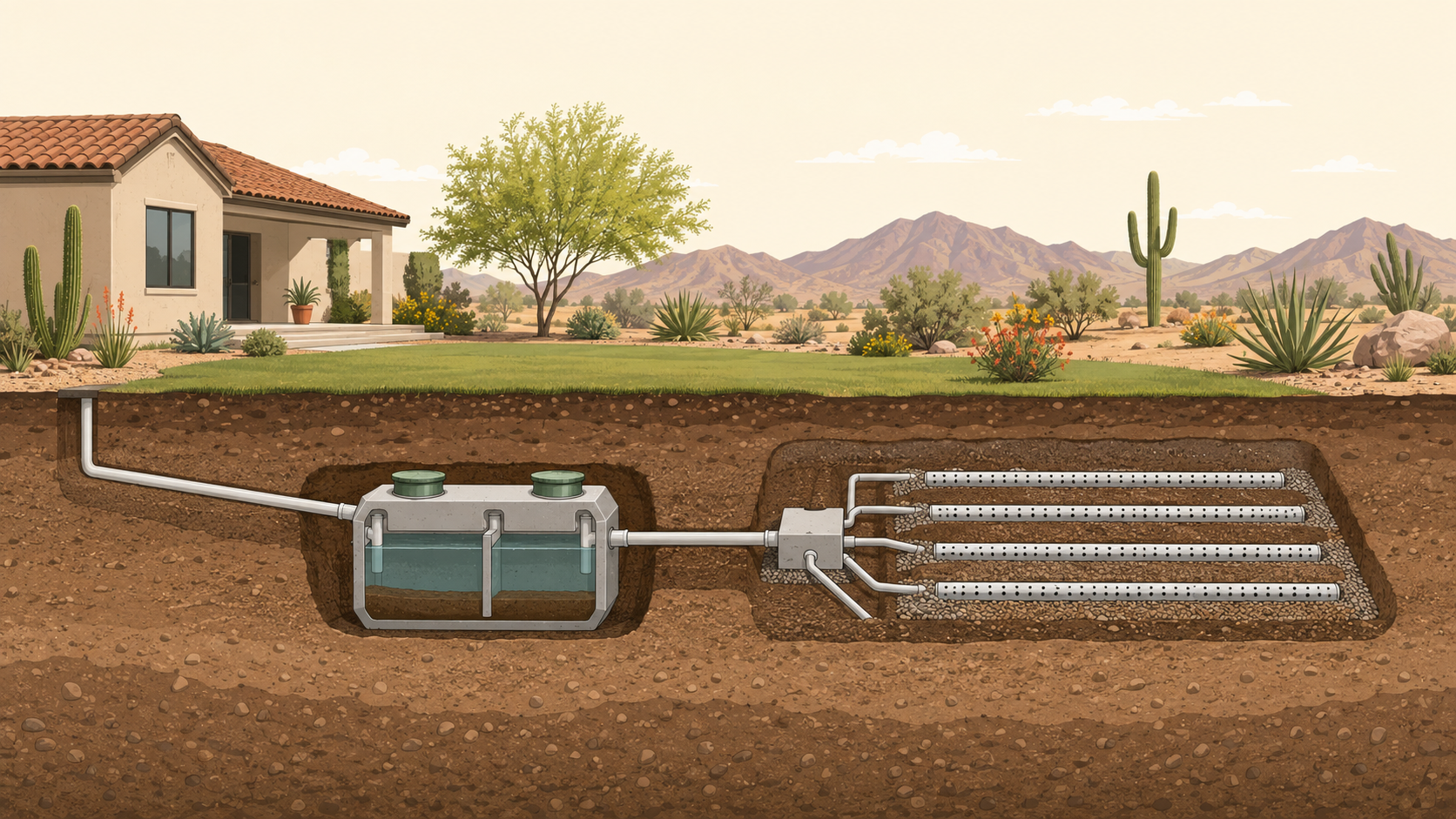 Illustration of a conventional septic system with a septic tank, distribution box, and drainfield at an Arizona home.