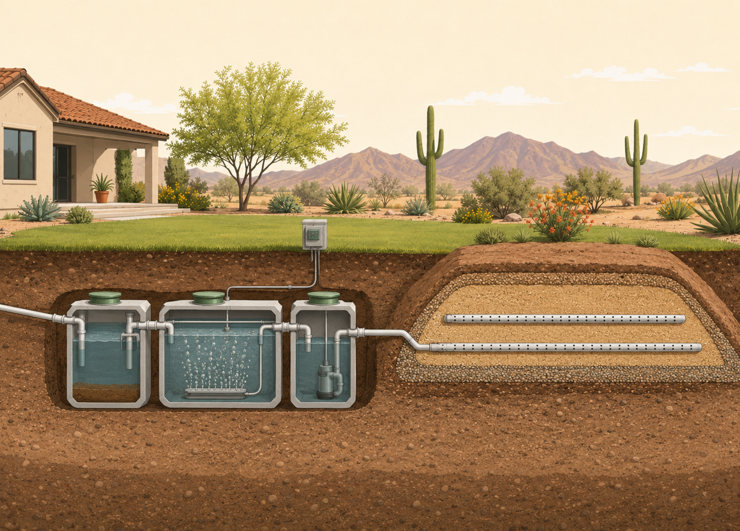 Illustration of an alternate septic system with treatment chambers, pump controls, and an engineered disposal mound at an Arizona home.
