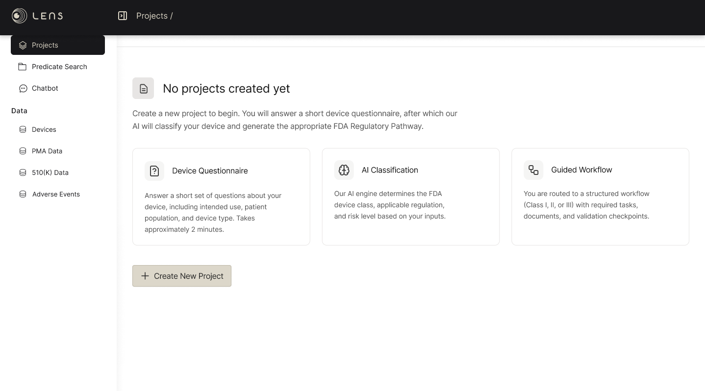Screenshot of a web interface for a device classification and workflow project platform. The page shows no projects created yet, with options for creating new projects, including device questionnaire, AI classification, and guided workflow.