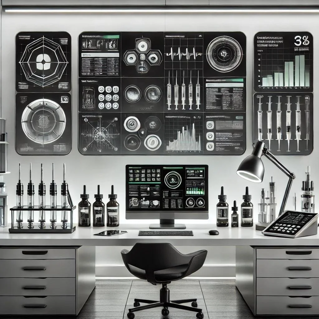 Futuristic laboratory workspace with digital screens and analysis equipment, including syringes, graphs, and bottles.