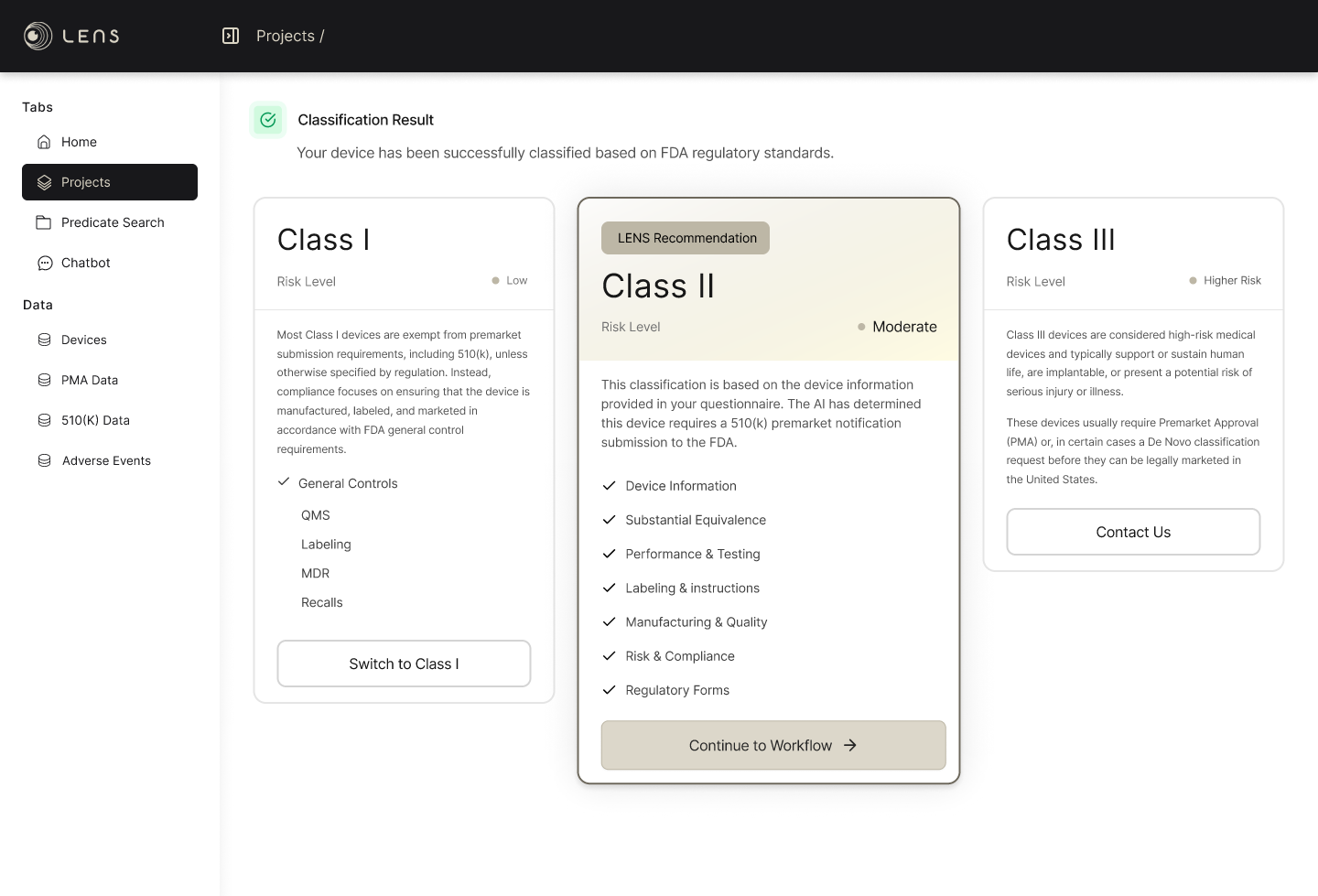 Screenshot of a software dashboard showing classification results for medical devices, with three classes: Class I, Class II, and Class III, including risk levels and descriptions.