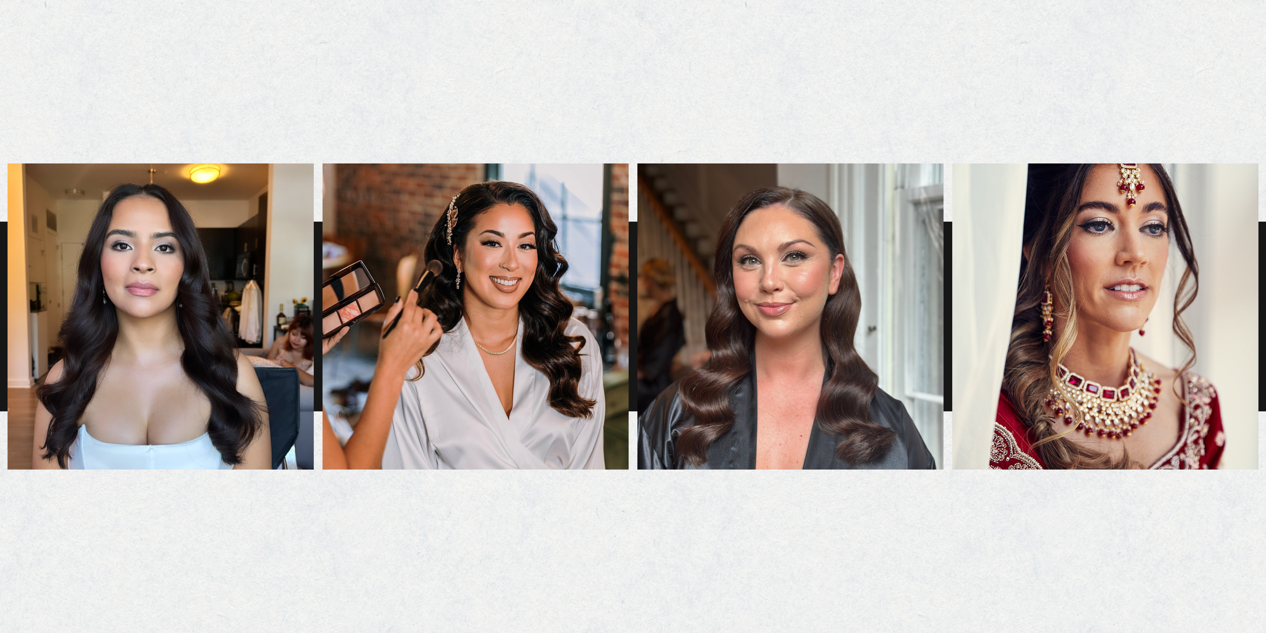 Four women shown in different settings, with makeup and hairstyles, some wearing jewelry, preparing for an event or photoshoot.