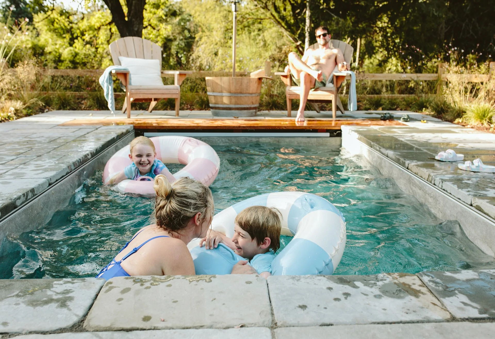 Emily Henderson’s family enjoying their heated Soake Pool designed for real-life, year-round use.