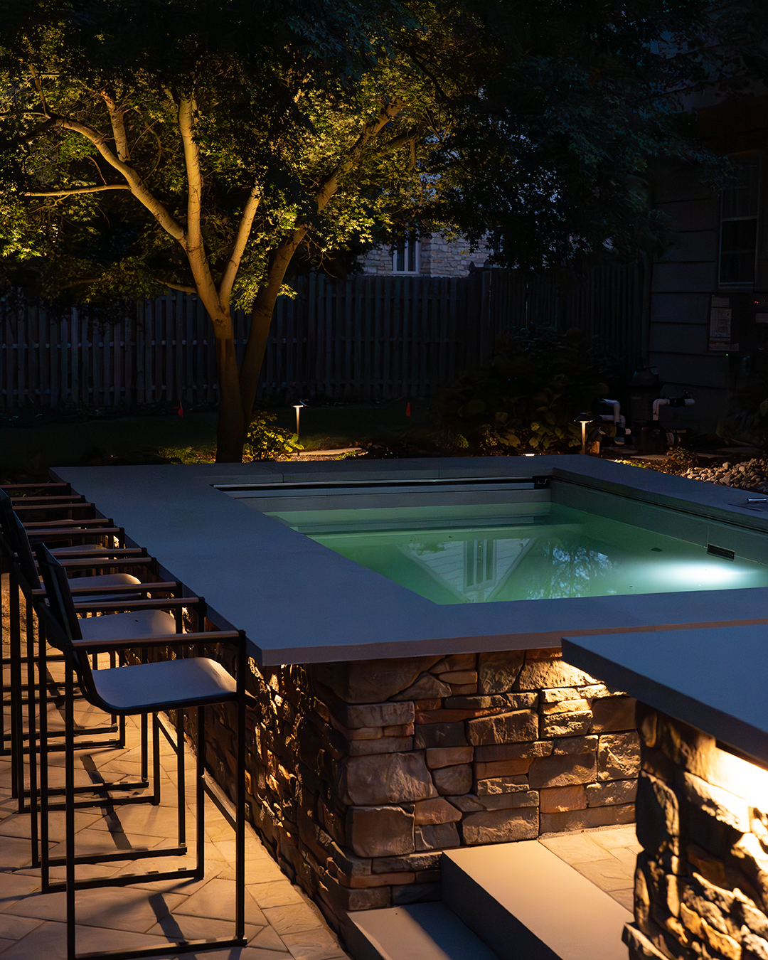 RAISED PLUNGE POOL DESIGNED TO ELEVATE OUTDOOR ENTERTAINING, CREATING BUILT-IN SEATING, BAR-HEIGHT GATHERING SPACE, AND A STRIKING BACKYARD FOCAL POINT.