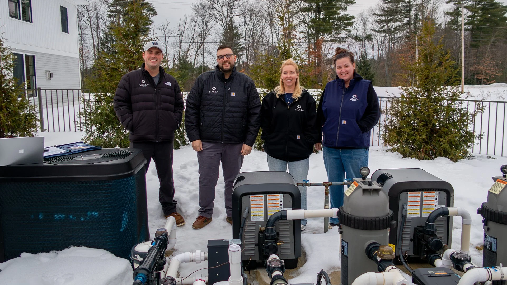 Soake Pools technical team with Jandy pool equipment for a precast concrete plunge pool, providing installation and ongoing support..