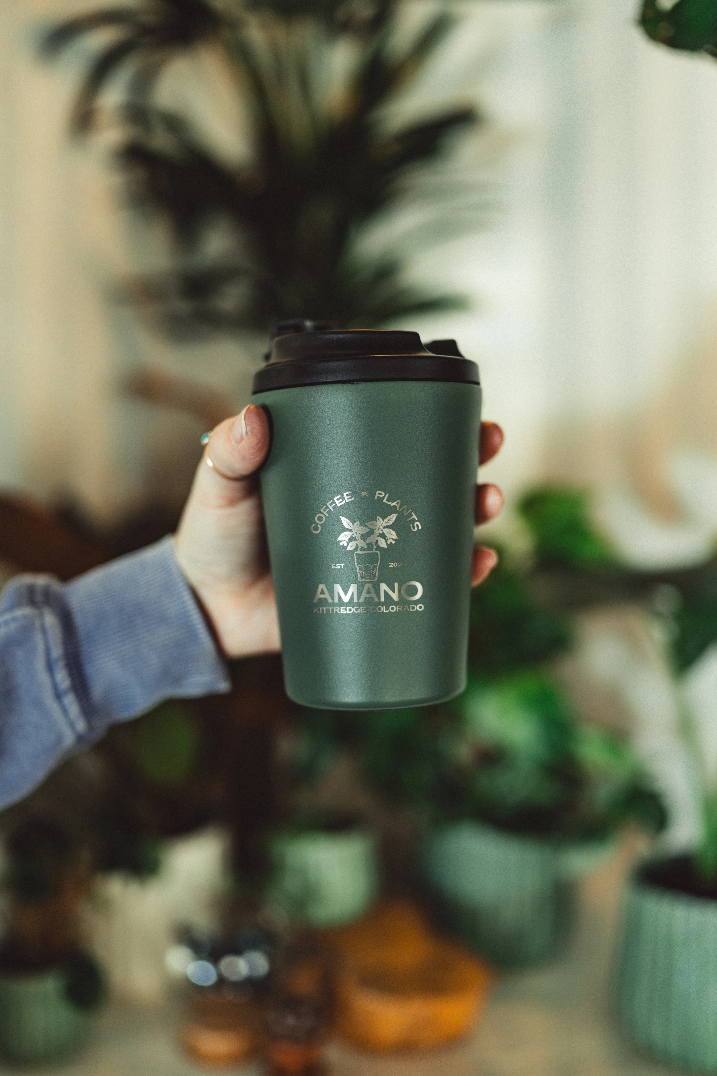 Person holding a green travel mug with black lid that says "Coffee + Plants" and "Amano, Kittredge Colorado" with a plant illustration in the center, indoors with blurred houseplants in the background.