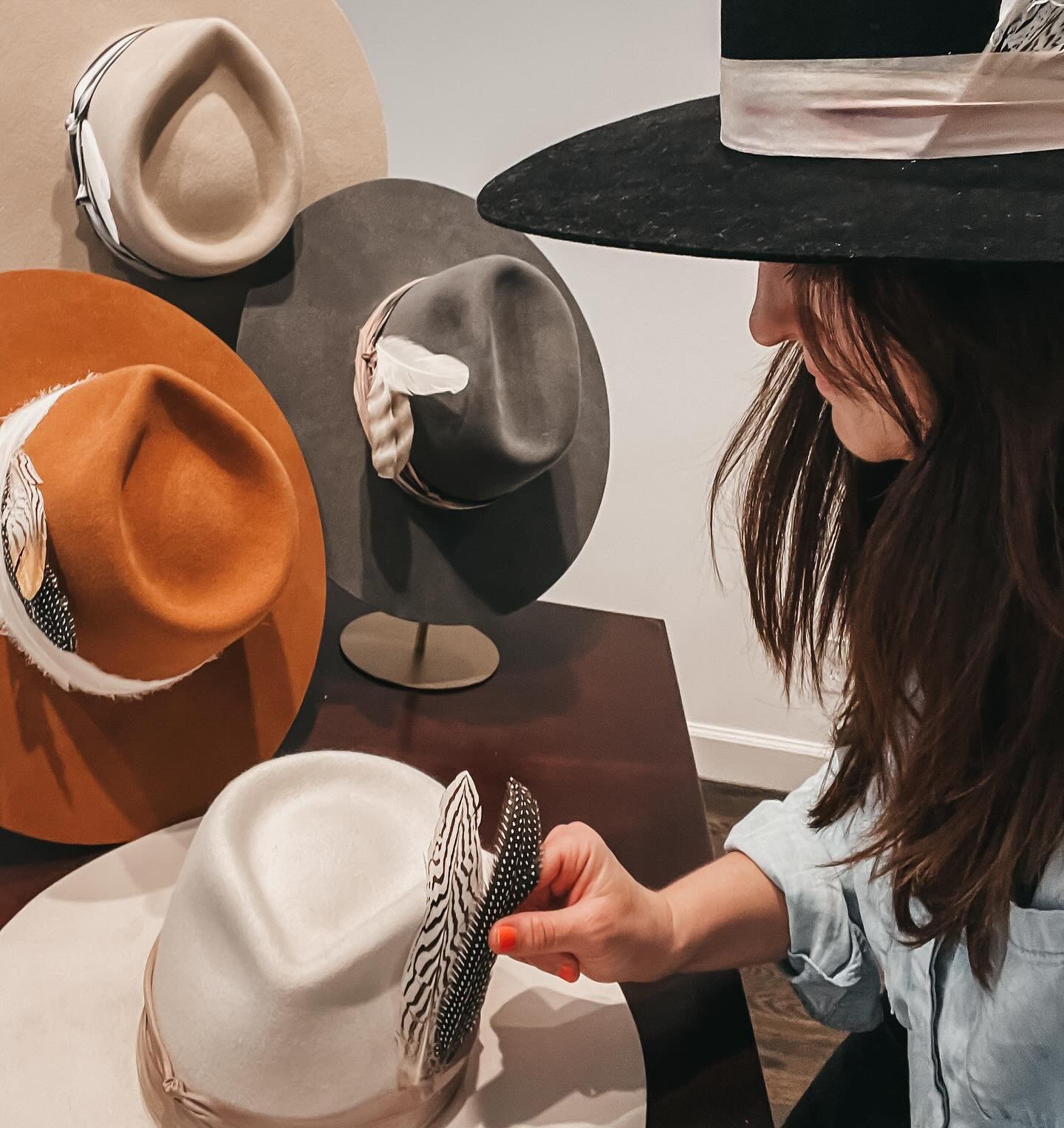 We&rsquo;ve been busy finding all the perfect details for our hat line - we are v serious about the perfect feather 🪶 placement! #brimroadhats #handmade #handmadehats
