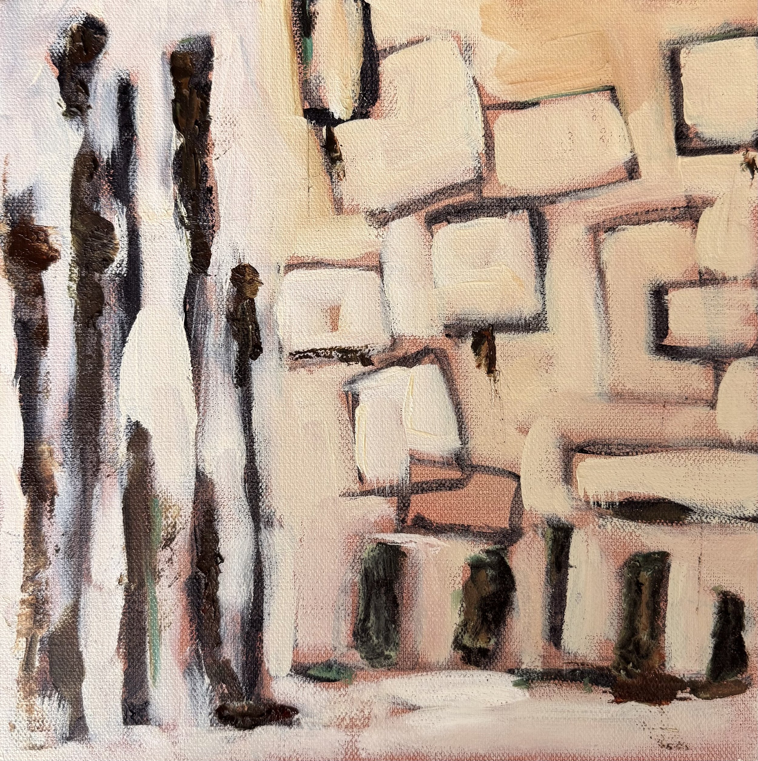 Abstract painting of a building with rectangular windows and vertical black and brown streaks on the left side.