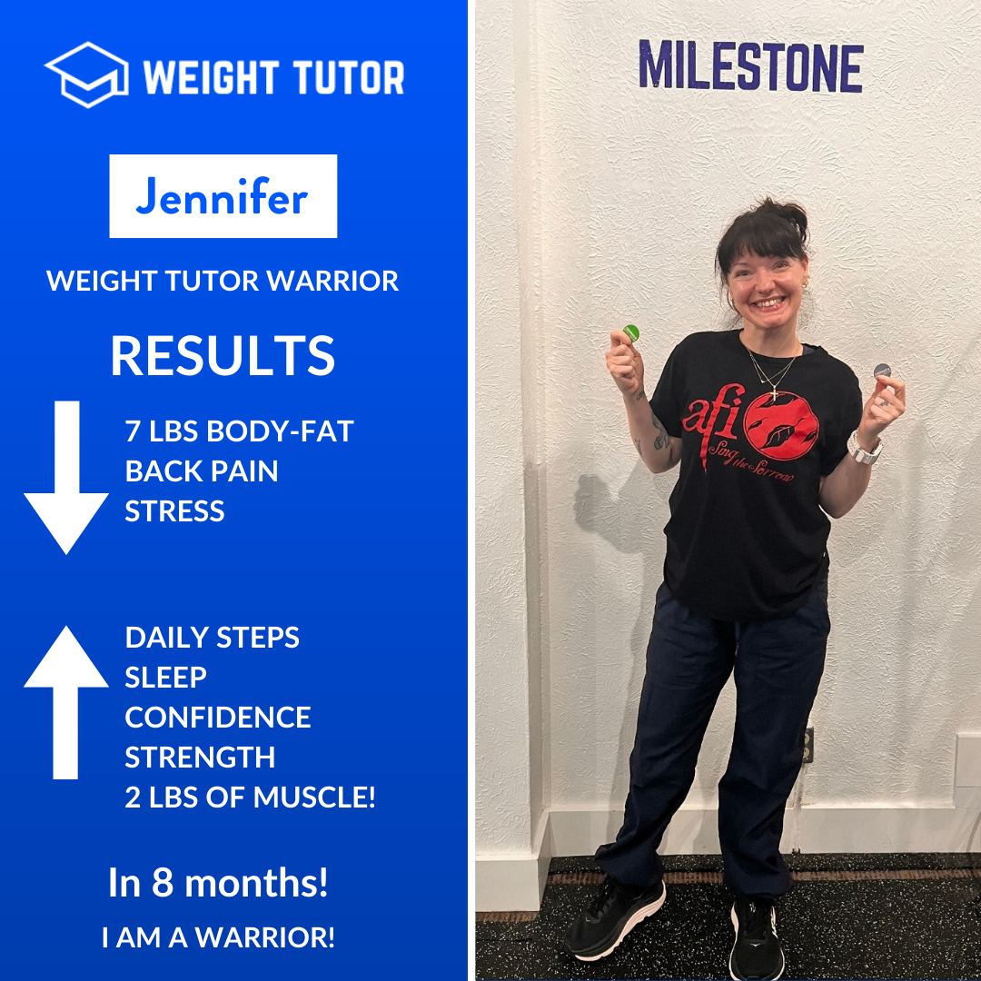 Weight Tutor client Jennifer celebrating reduced back pain and improved muscle tone through women-focused strength training.
