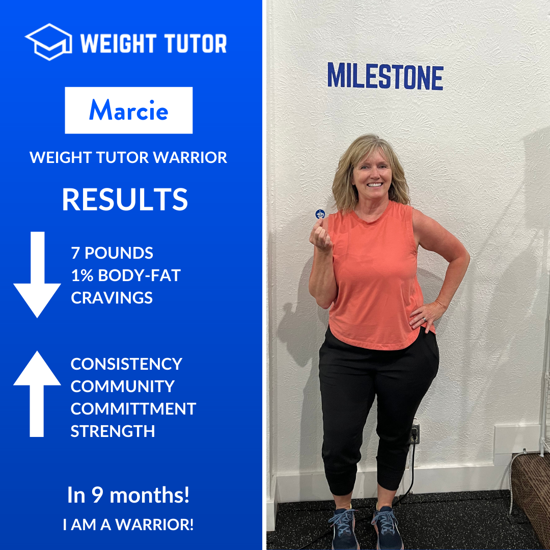 Weight Tutor client Marcie celebrating reduced cravings and improved consistency through women-focused health coaching.