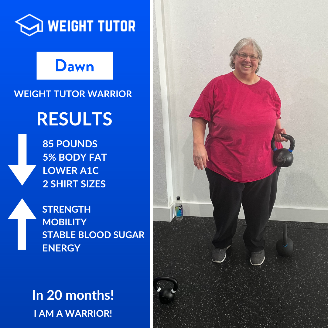 Weight Tutor client Dawn celebrating an 85-pound weight loss and improved blood sugar control through women-only personal training and health coaching.