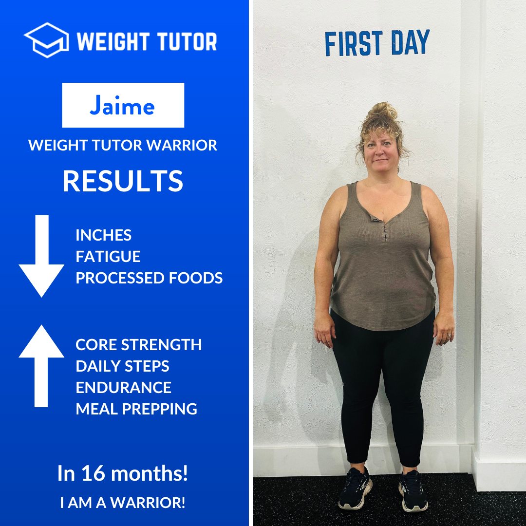 Weight Tutor client Jaime highlighting improved energy, endurance, and daily movement through women-only personal training.