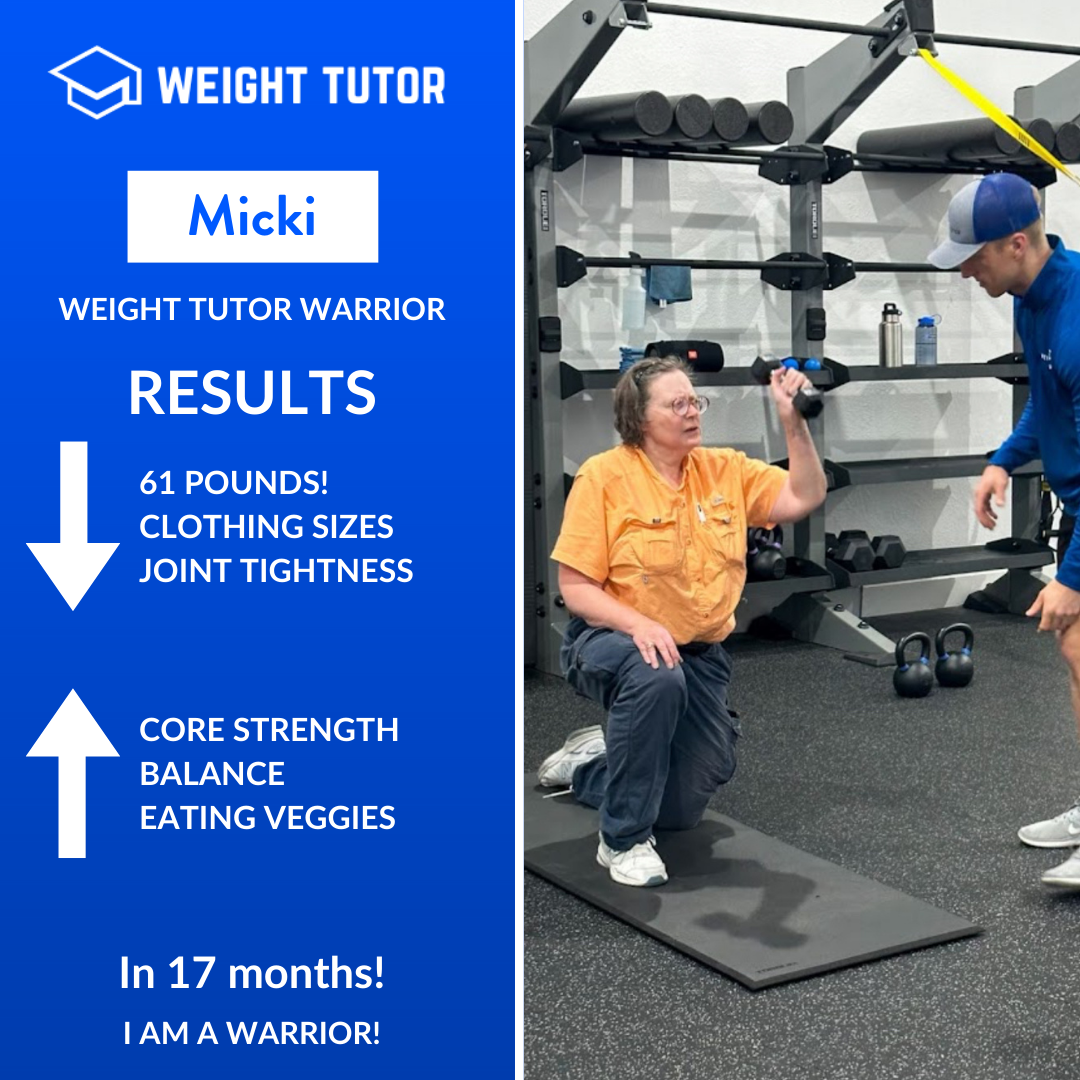 Weight Tutor client Micki celebrating a 61-pound weight loss and improved joint mobility through women-only personal training.