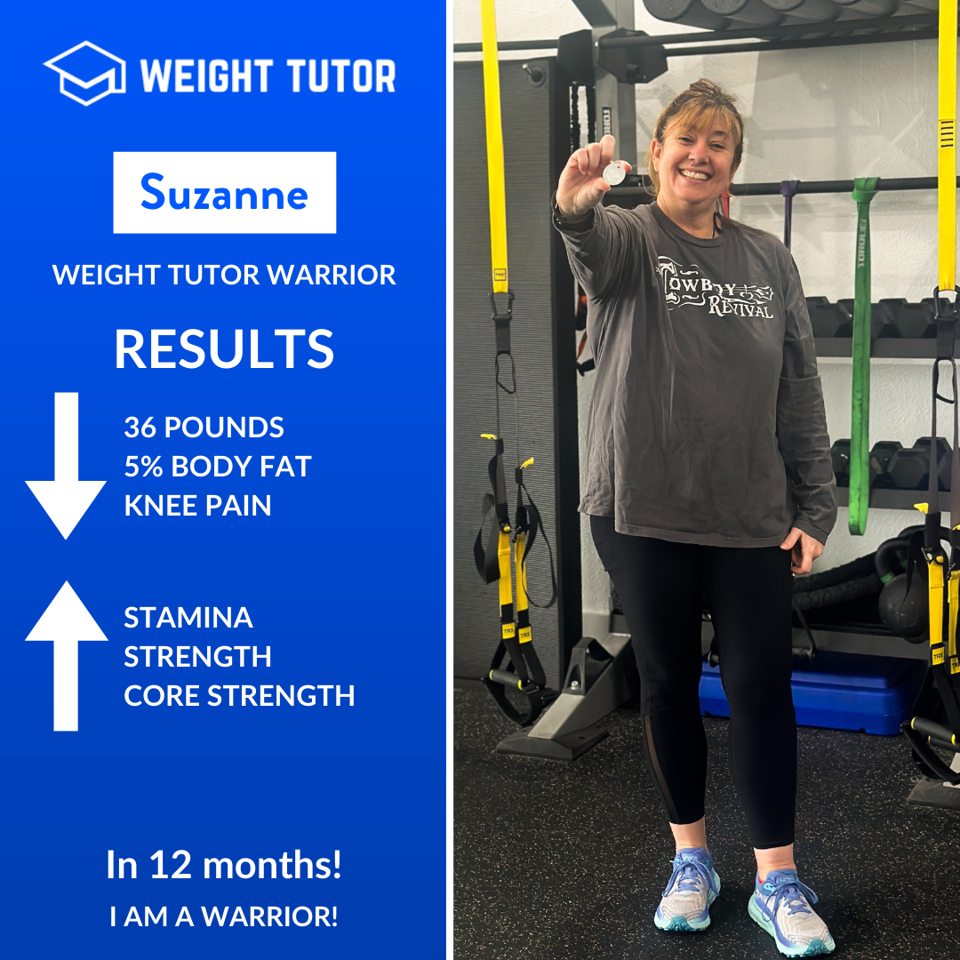 Weight Tutor client Suzanne highlighting weight loss, reduced knee pain, and improved core strength through women-only personal training.